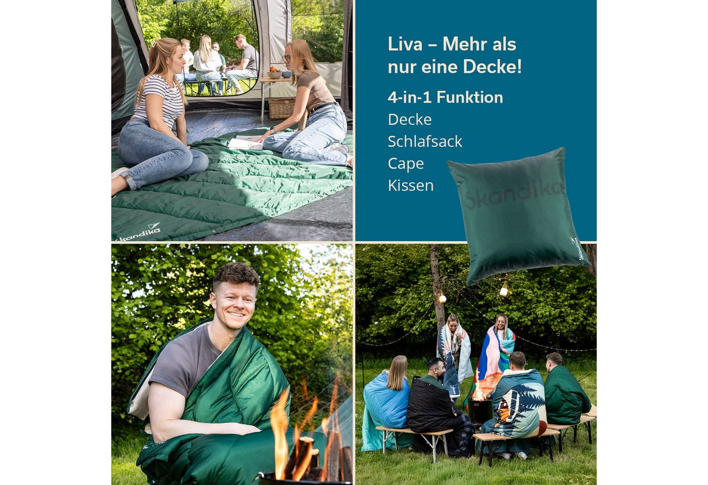 Skandika Deckenschlafsack Campingdecke Liva, 4-in-1, Outdoor Decke, 200x135cm, Überwurf, Kissen, mit Nylon Unterseite, Polyester, wasserdicht Bild 3