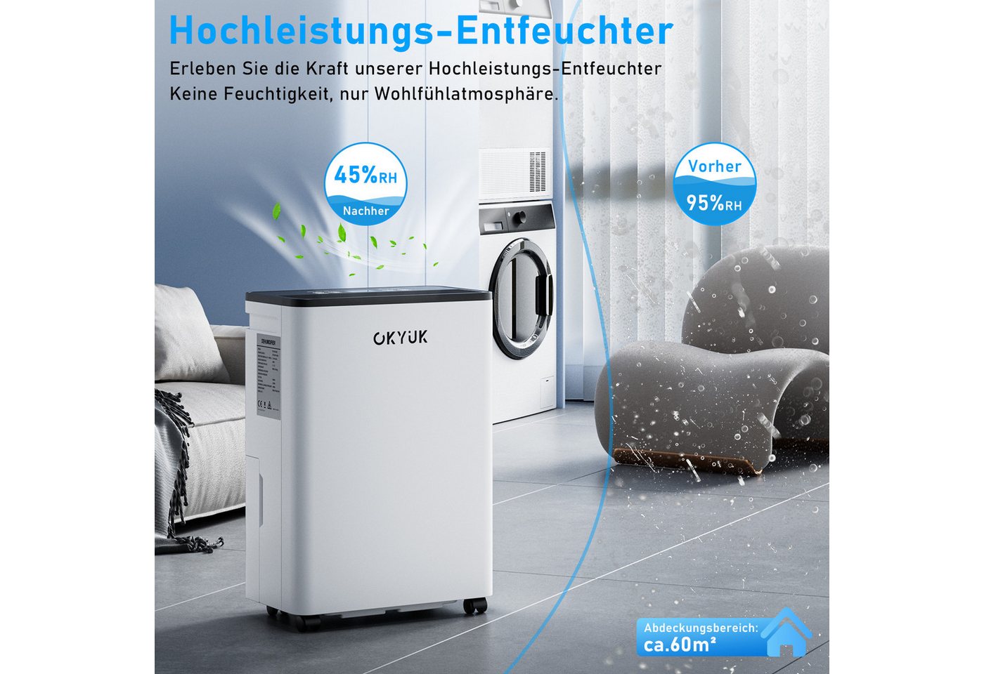 OKYUK Luftentfeuchter Luftentfeuchter 20L mit 5,5L Wassertank, leise, bis 40 m², für 100 m³ Räume, Entfeuchtung 20 l/Tag Bild 5