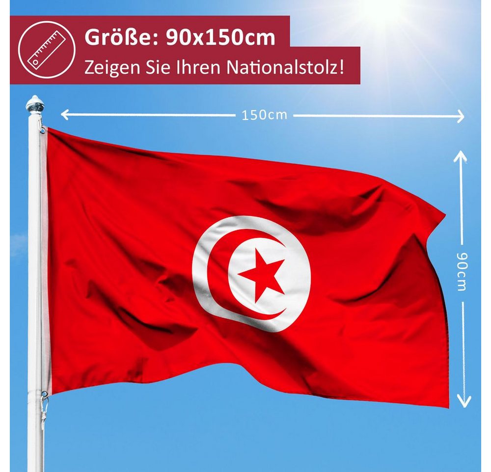 PHENO FLAGS Flagge Tunesien Flagge 90 x 150 cm Tunesische Fahne (Hissflagge für Fahnenmast), Inkl. 2 Messing Ösen