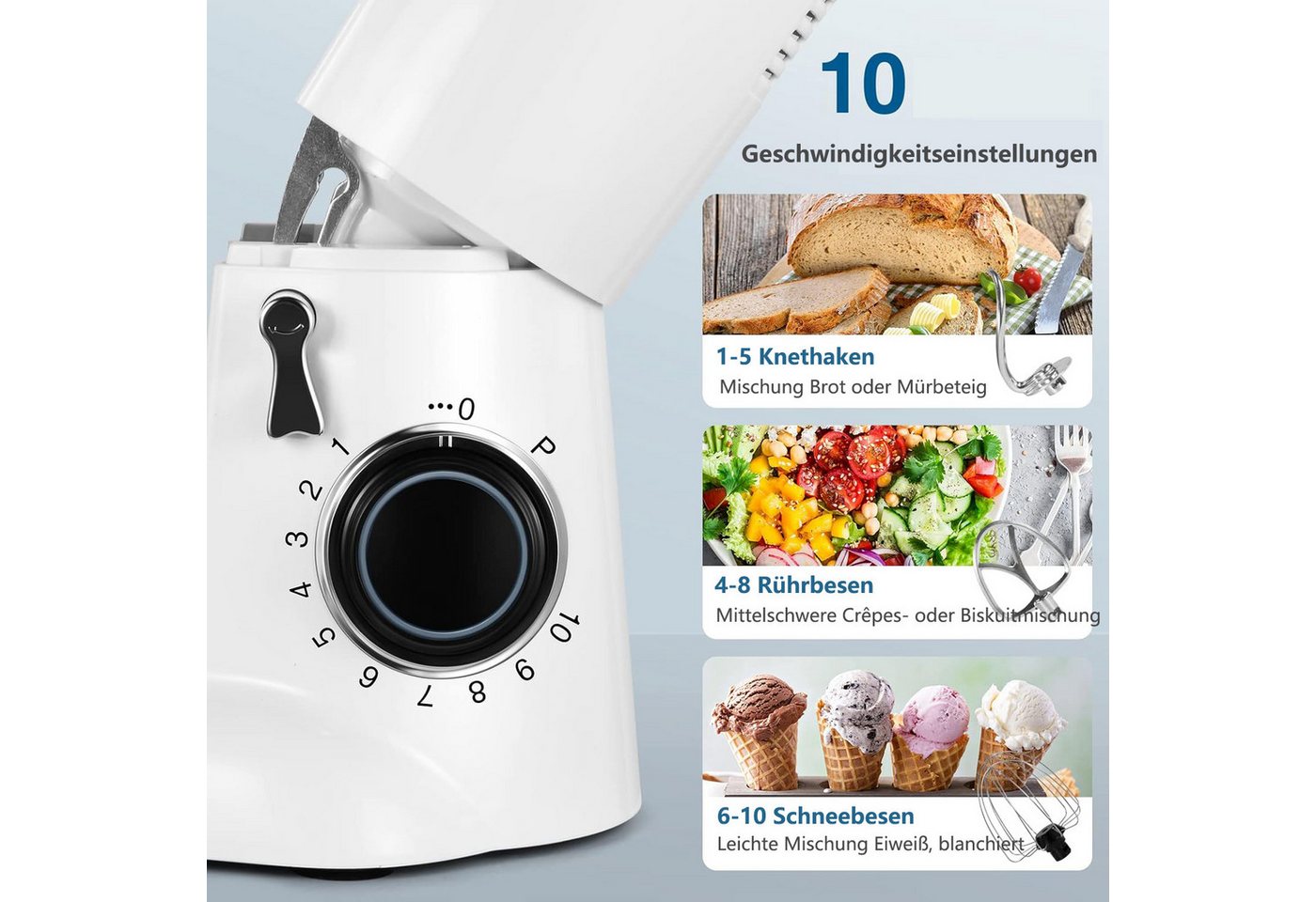 Fine Life Pro Küchenmaschine, 1300,00 W, 5,50 l Schüssel, Mixer, vielseitigeinsetzbar, Flexiruhrer, 10 Geschwindigkeitsstufen Bild 2