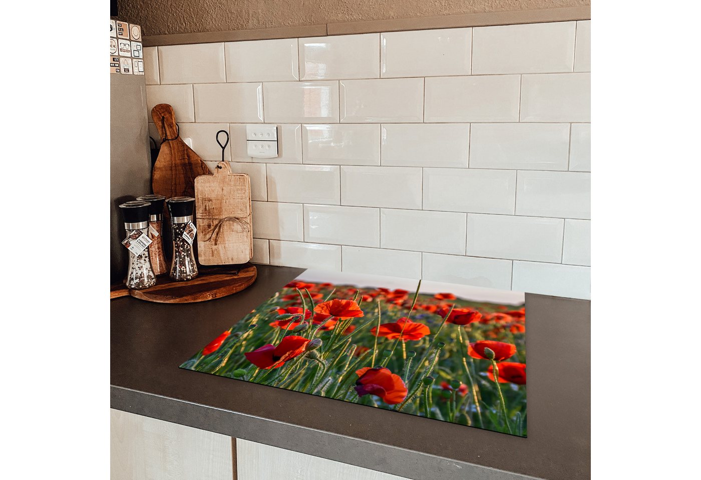 MuchoWow Herd-Abdeckplatte Mohnblumen - Rot - Grün - Blumen, Vinyl, (1 tlg), Ceranfeldabdeckung Küche, Herdabdeckplatte Einteilig, 60x52 cm Bild 3