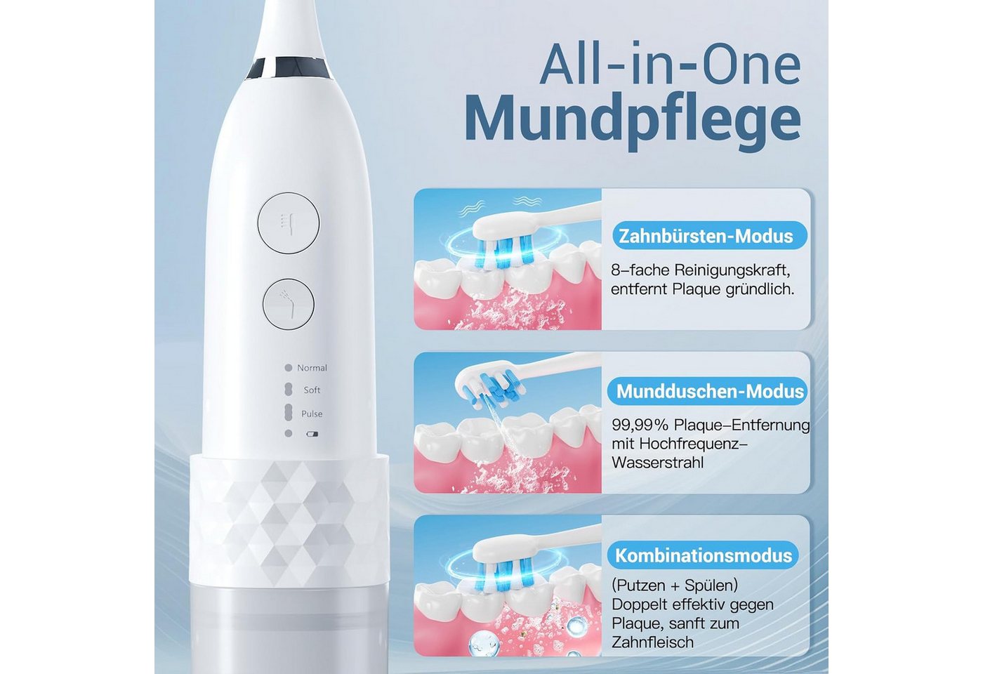 Quntis Elektrische Zahnbürste 3-in-1 Sonic Electric Zahnbürste mit Wasserflosser 46° Sweep-Vibration, 3x4 Modi, 3 Bürstenköpfe & 1 Düse, Kabellos für Reisen & Zuhause, Weiß Bild 2
