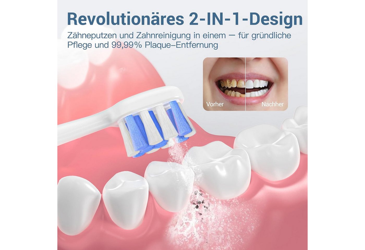 Quntis Elektrische Zahnbürste 3-in-1 Sonic Electric Zahnbürste mit Wasserflosser 46° Sweep-Vibration, 3x4 Modi, 3 Bürstenköpfe & 1 Düse, Kabellos für Reisen & Zuhause, Weiß Bild 4