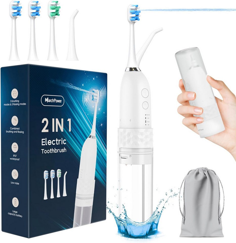 Quntis Elektrische Zahnbürste 3-in-1 Sonic Electric Zahnbürste mit Wasserflosser 46° Sweep-Vibration, 3x4 Modi, 3 Bürstenköpfe & 1 Düse, Kabellos für Reisen & Zuhause, Weiß Bild 5