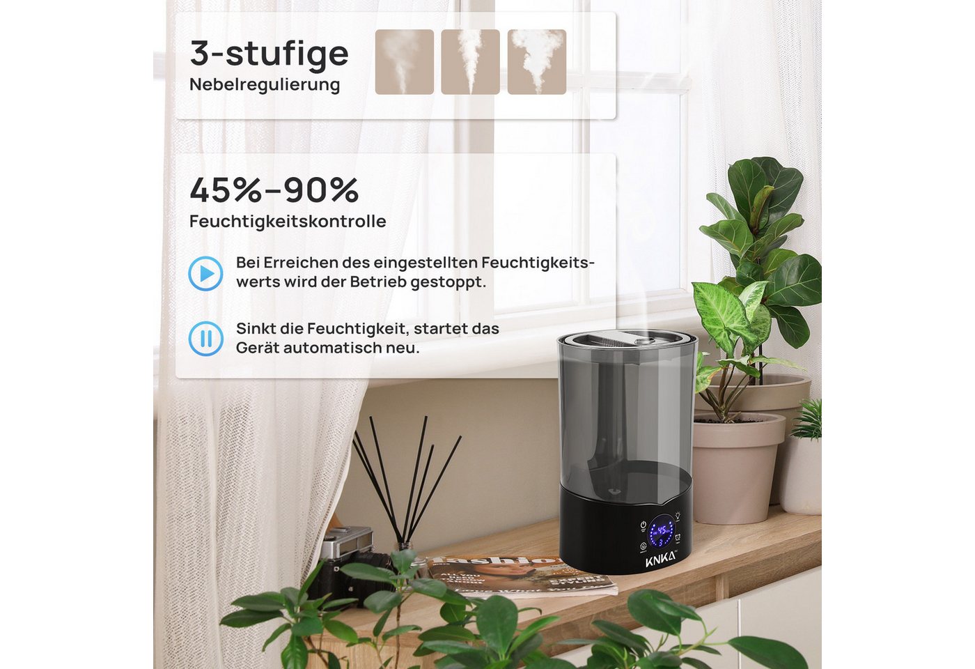 KNKA PRO Luftbefeuchter 4 L Top-Fill Raumbefeuchter leiser Ultraschall-Kaltnebel, 4,00 l Wassertank, Ultra Leise Ultraschall Luftbefeuchter Aromatherapie