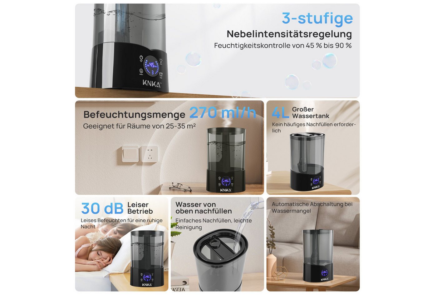 KNKA PRO Luftbefeuchter 4 L Top-Fill Raumbefeuchter leiser Ultraschall-Kaltnebel, 4,00 l Wassertank, Ultra Leise Ultraschall Luftbefeuchter Aromatherapie Bild 3
