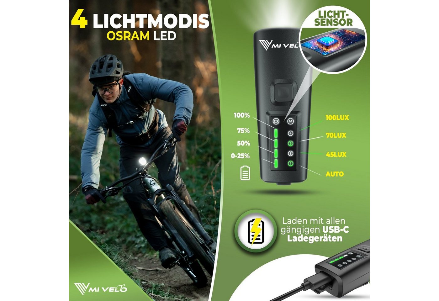 MIVELO Fahrradbeleuchtung SMART Fahrradlicht Set LED 100 LUX - Akku USB aufladbar, StVZO-zugelassen, OSRAM LED, bis 200 m Leuchtweite