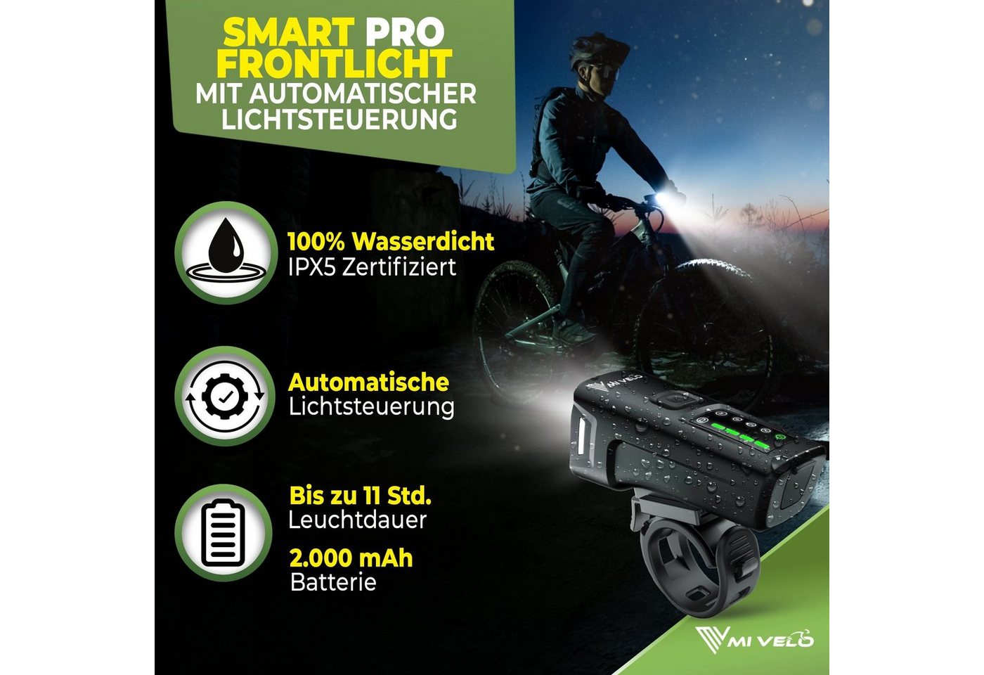 MIVELO Fahrradbeleuchtung SMART Fahrradlicht Set LED 100 LUX - Akku USB aufladbar, StVZO-zugelassen, OSRAM LED, bis 200 m Leuchtweite Bild 2