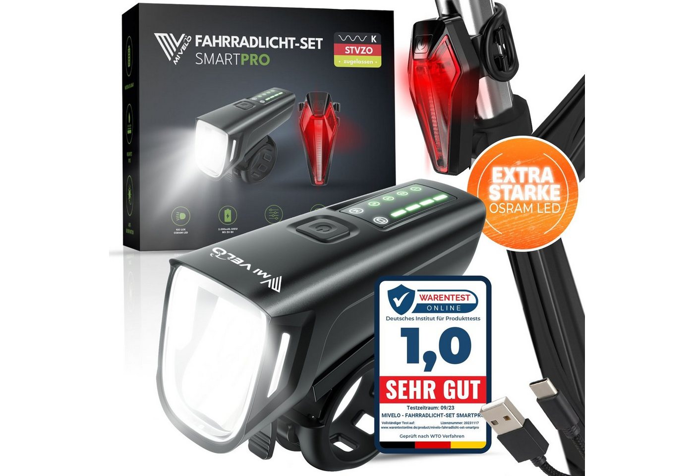MIVELO Fahrradbeleuchtung SMART Fahrradlicht Set LED 100 LUX - Akku USB aufladbar, StVZO-zugelassen, OSRAM LED, bis 200 m Leuchtweite Bild 4