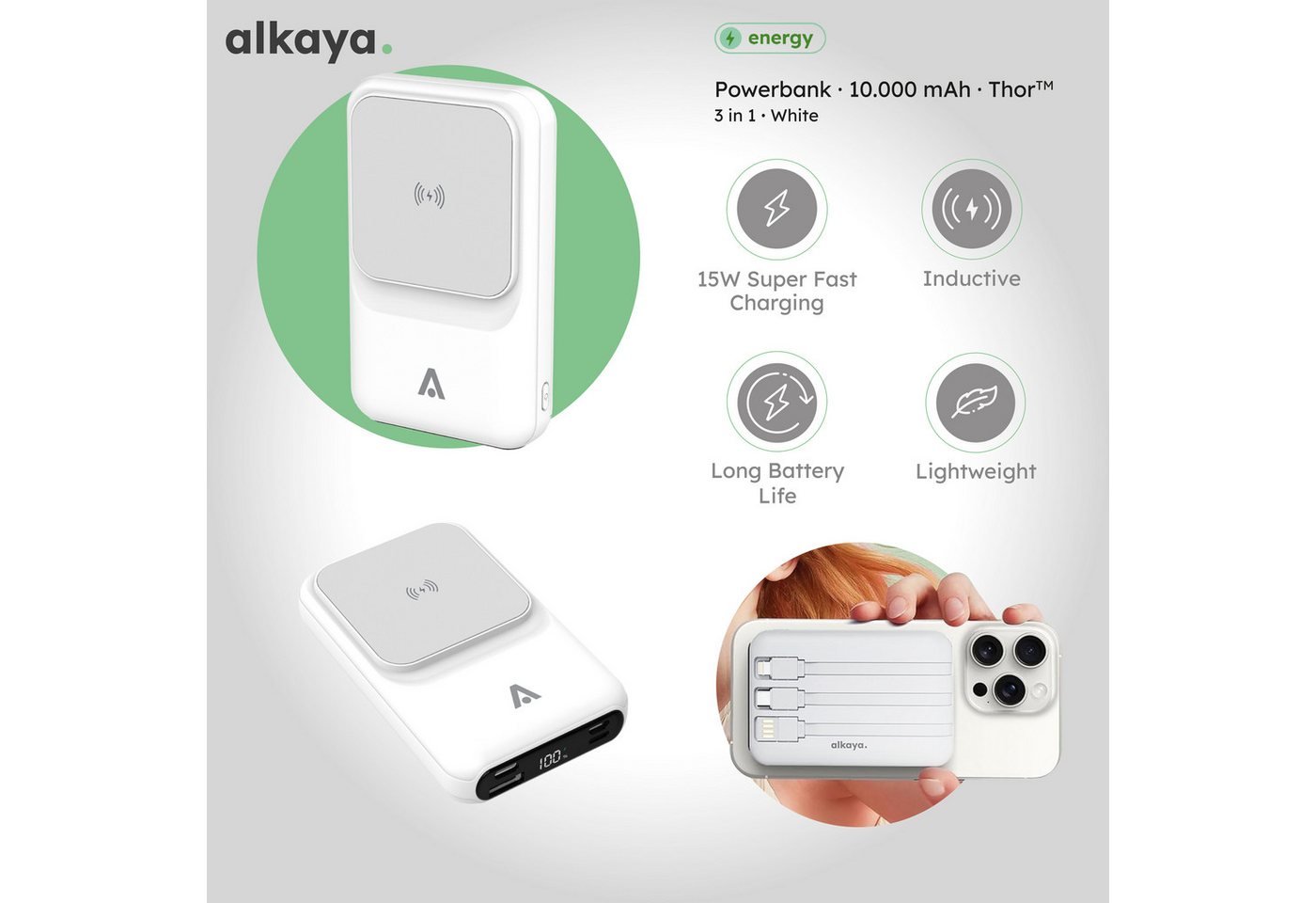 alkaya. Powerbank 10.000 mAh 3 in 1: Induktives Laden, Ports Powerbank Integrierte Kabel mit USB-A, USB-C und Lightning, Kompatibel mit MagSafe 10000 mAh, LED-Anzeige, Schnellladefunktion Bild 3