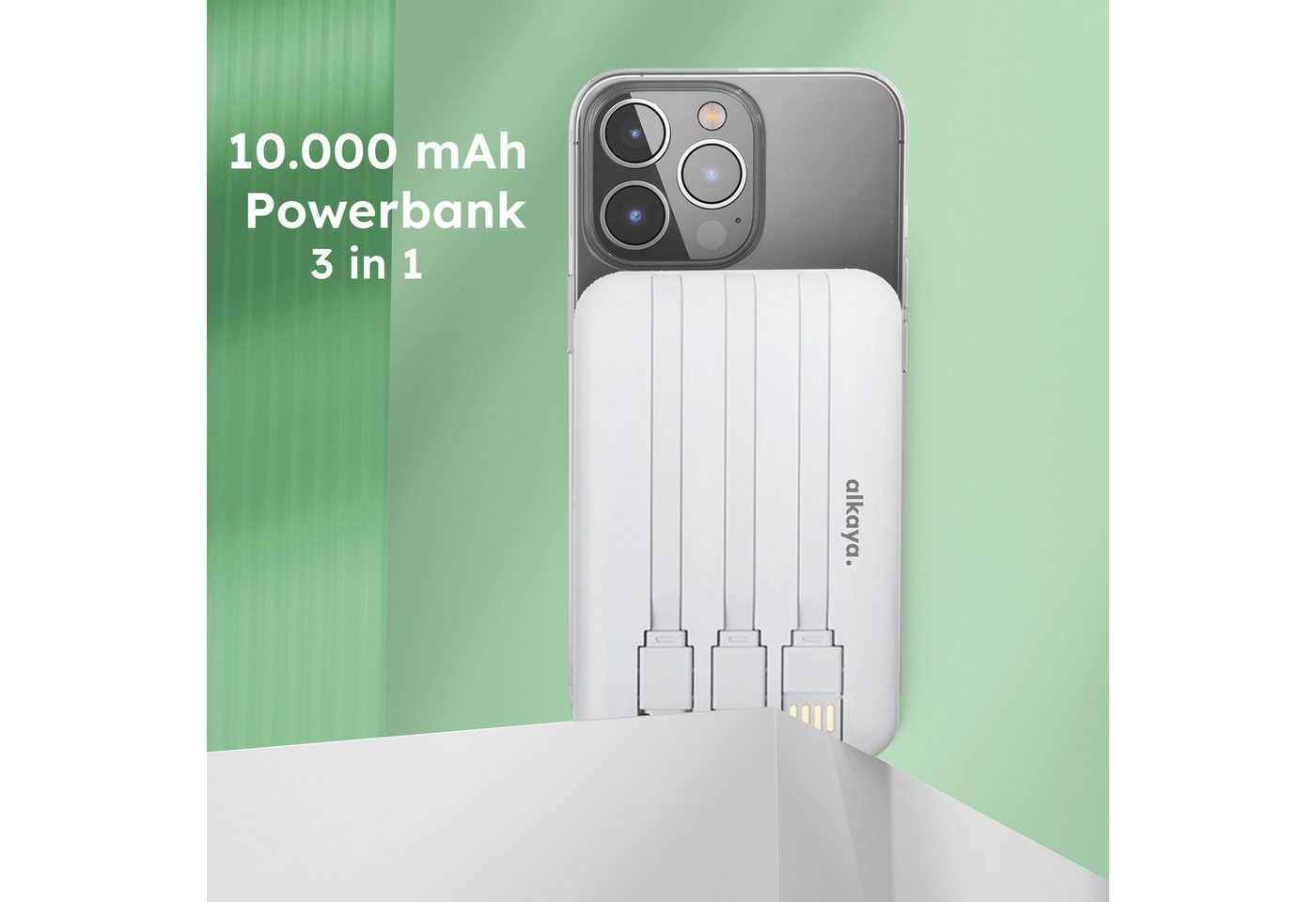 alkaya. Powerbank 10.000 mAh 3 in 1: Induktives Laden, Ports Powerbank Integrierte Kabel mit USB-A, USB-C und Lightning, Kompatibel mit MagSafe 10000 mAh, LED-Anzeige, Schnellladefunktion Bild 5