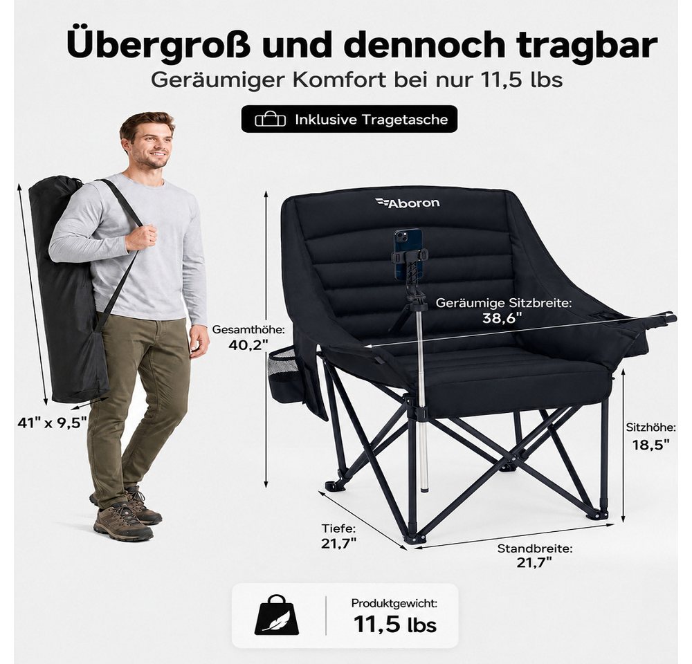 Meulbaty Campingstuhl Übergroßer mit 360° drehbarer Handyhalterung (robuster Klappstuhl/Gartenstuhl, belastbar bis 272 kg, 1 St), gepolsterte Sitzfläche mit Weinglas- und Getränkehalter Bild 2
