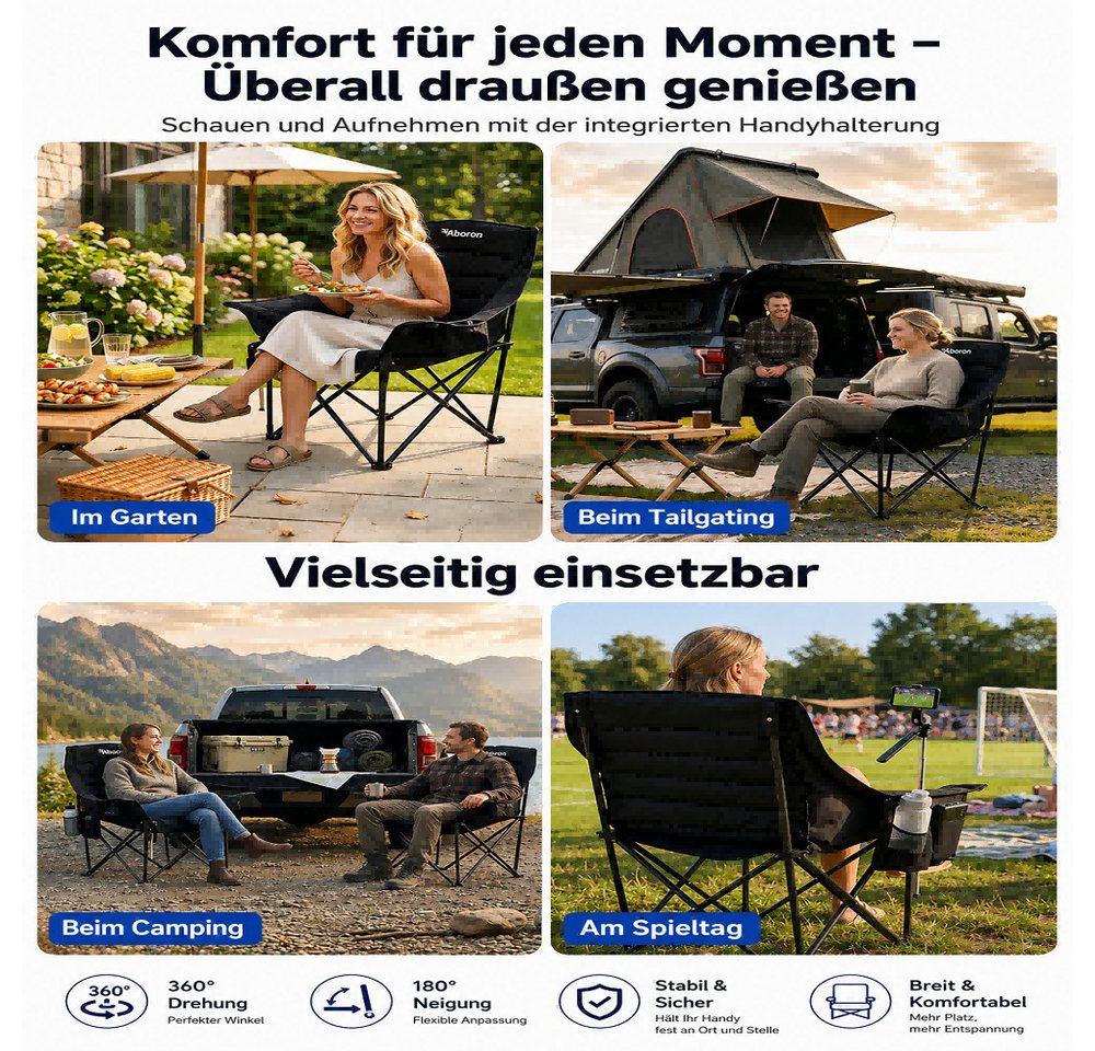 Meulbaty Campingstuhl Übergroßer mit 360° drehbarer Handyhalterung (robuster Klappstuhl/Gartenstuhl, belastbar bis 272 kg, 1 St), gepolsterte Sitzfläche mit Weinglas- und Getränkehalter Bild 3