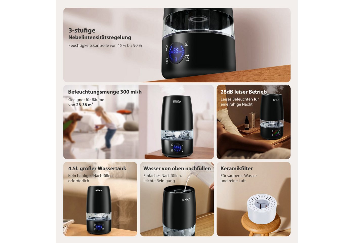 KNKA Luftbefeuchter 4,5 L Top-Fill Luftbefeuchter, leiser Aroma Diffuser, 4.5 l Wassertank, Leiser Ultraschall Luftbefeuchter,Auto & Schlafmodus,Aromatherapie Bild 3