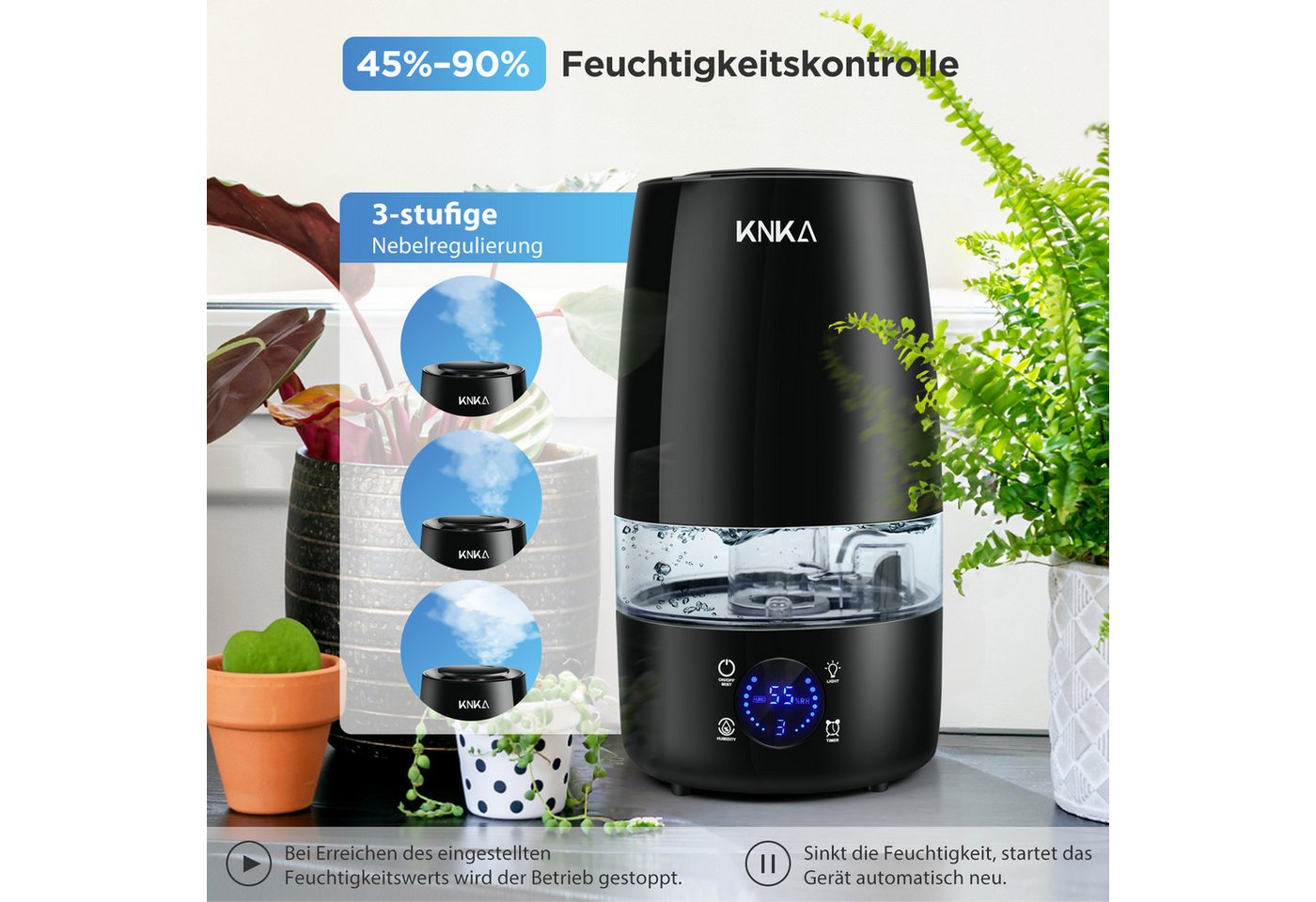 KNKA Luftbefeuchter 4,5 L Top-Fill Luftbefeuchter, leiser Aroma Diffuser, 4.5 l Wassertank, Leiser Ultraschall Luftbefeuchter,Auto & Schlafmodus,Aromatherapie Bild 5