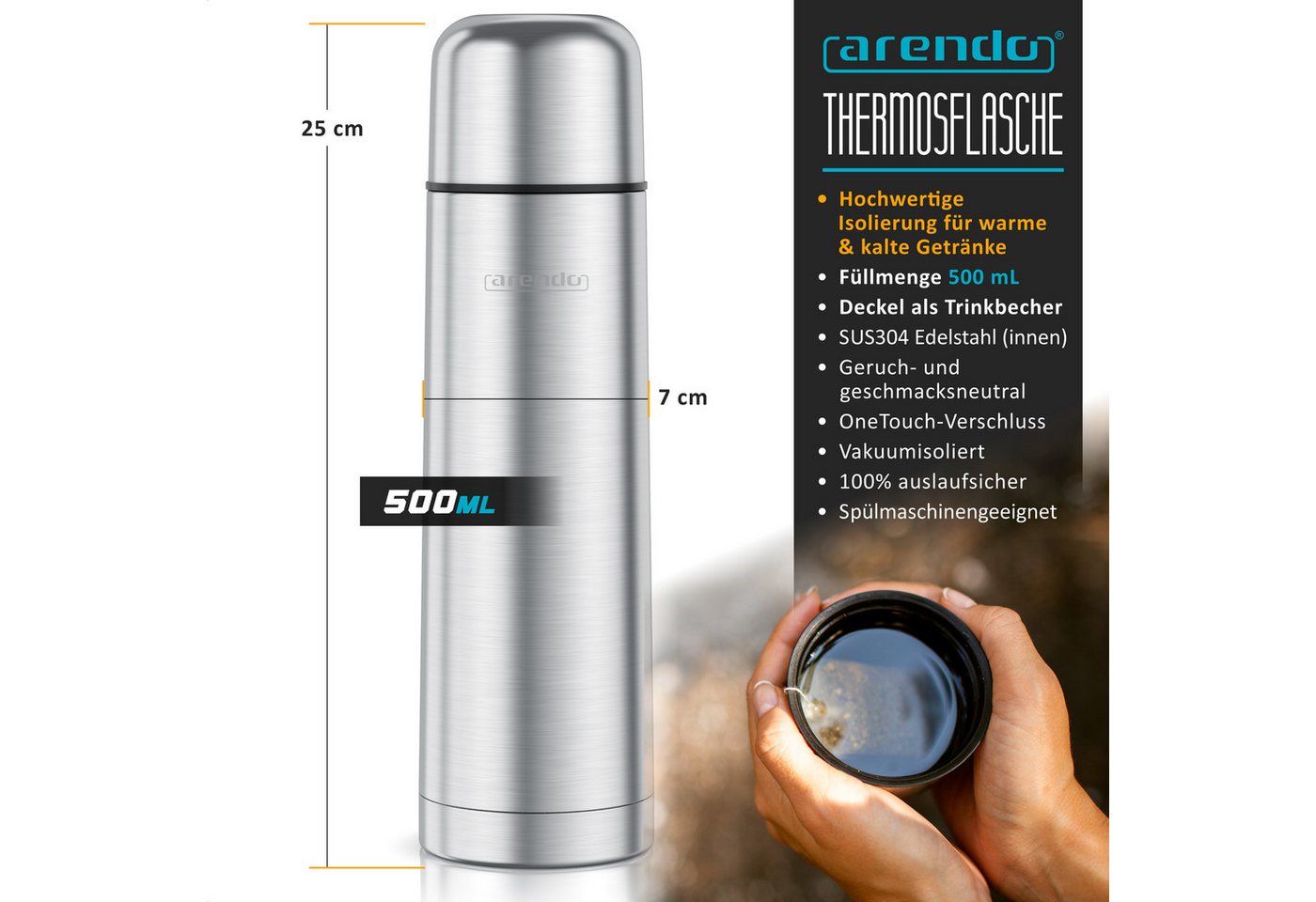 Arendo Thermoflasche Isolierflasche 0,5L Edelstahl Trinkflasche auslaufsicher für Unterwegs, kohlensäuregeeignet, hält Stundelang kalt & warm, BPA-frei, 500 ml Bild 2