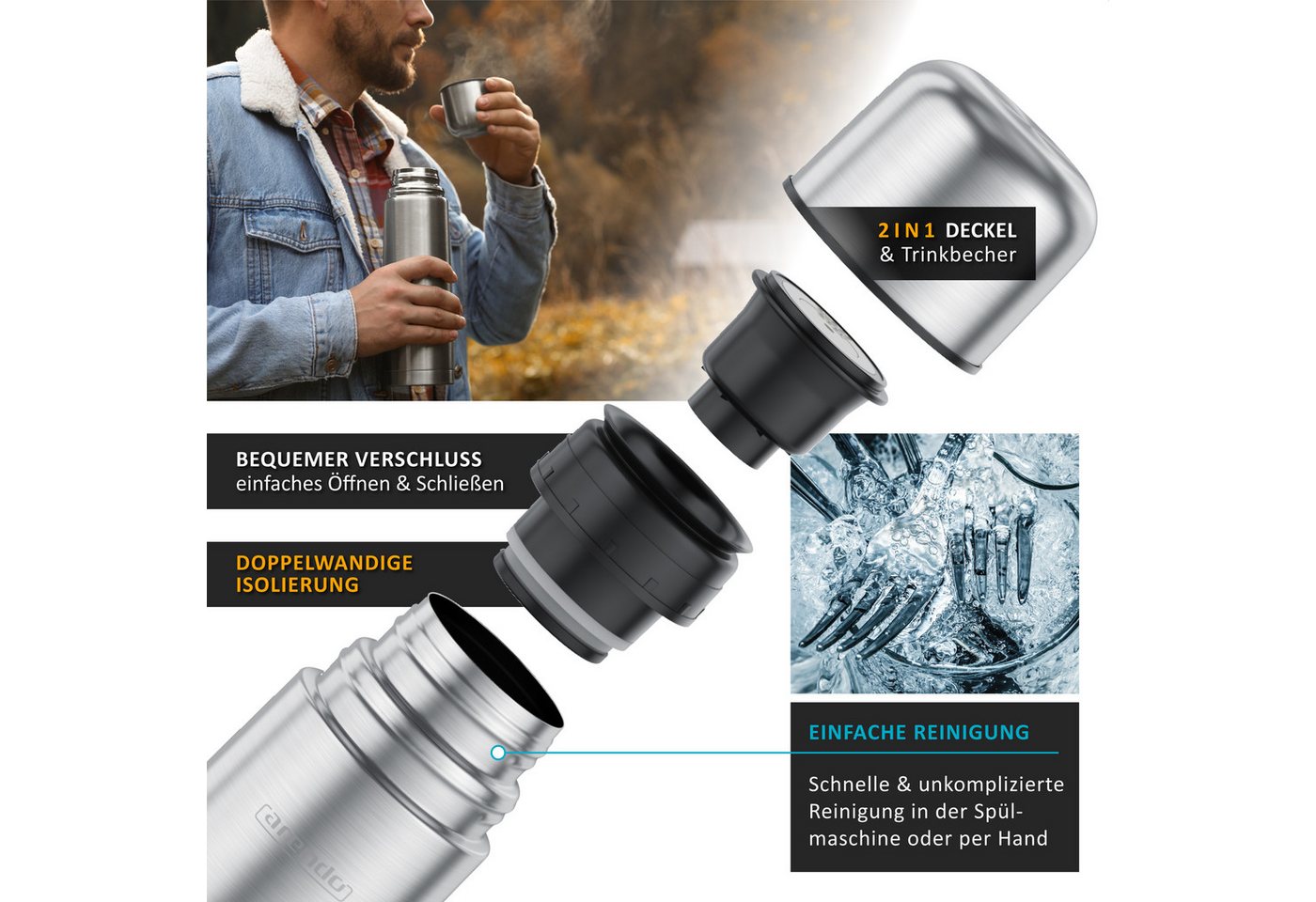 Arendo Thermoflasche Isolierflasche 0,5L Edelstahl Trinkflasche auslaufsicher für Unterwegs, kohlensäuregeeignet, hält Stundelang kalt & warm, BPA-frei, 500 ml Bild 3