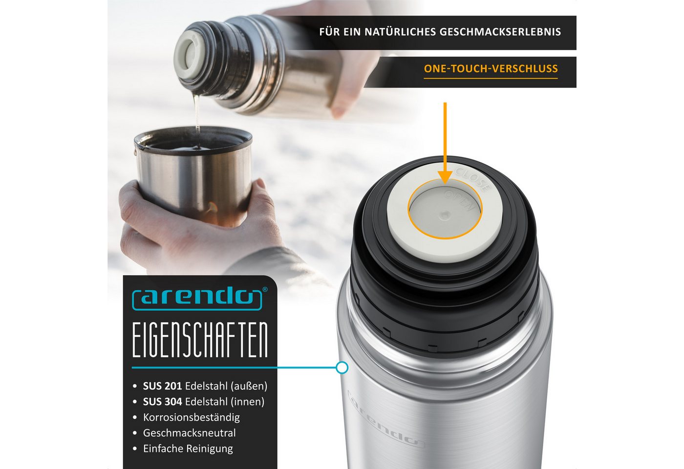 Arendo Thermoflasche Isolierflasche 0,5L Edelstahl Trinkflasche auslaufsicher für Unterwegs, kohlensäuregeeignet, hält Stundelang kalt & warm, BPA-frei, 500 ml Bild 5