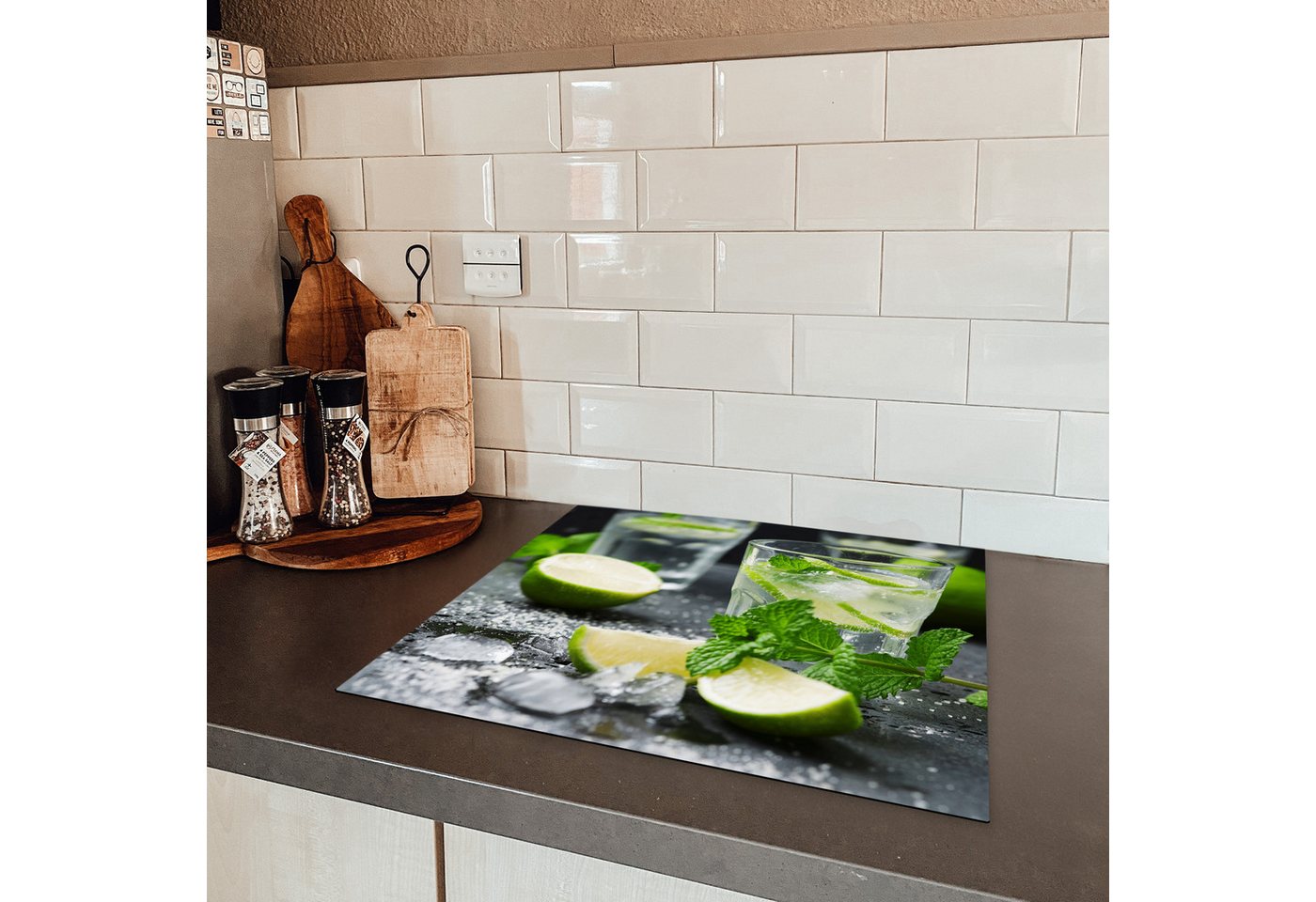 MuchoWow Herd-Abdeckplatte Getränk - Weinglas - Obst, Vinyl, (1 tlg), Küche Herdabdeckplatte Ceranfeld Vinyl Einteilig, 59x52 cm