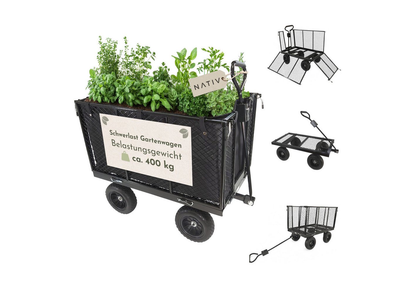 Lemodo Transportwagen Schwerlast Gartenwagen 400 kg aus Stahl mit Gummireifen, bis 400 kg Tragkraft, Gummiräder, klappbare Seitenteile