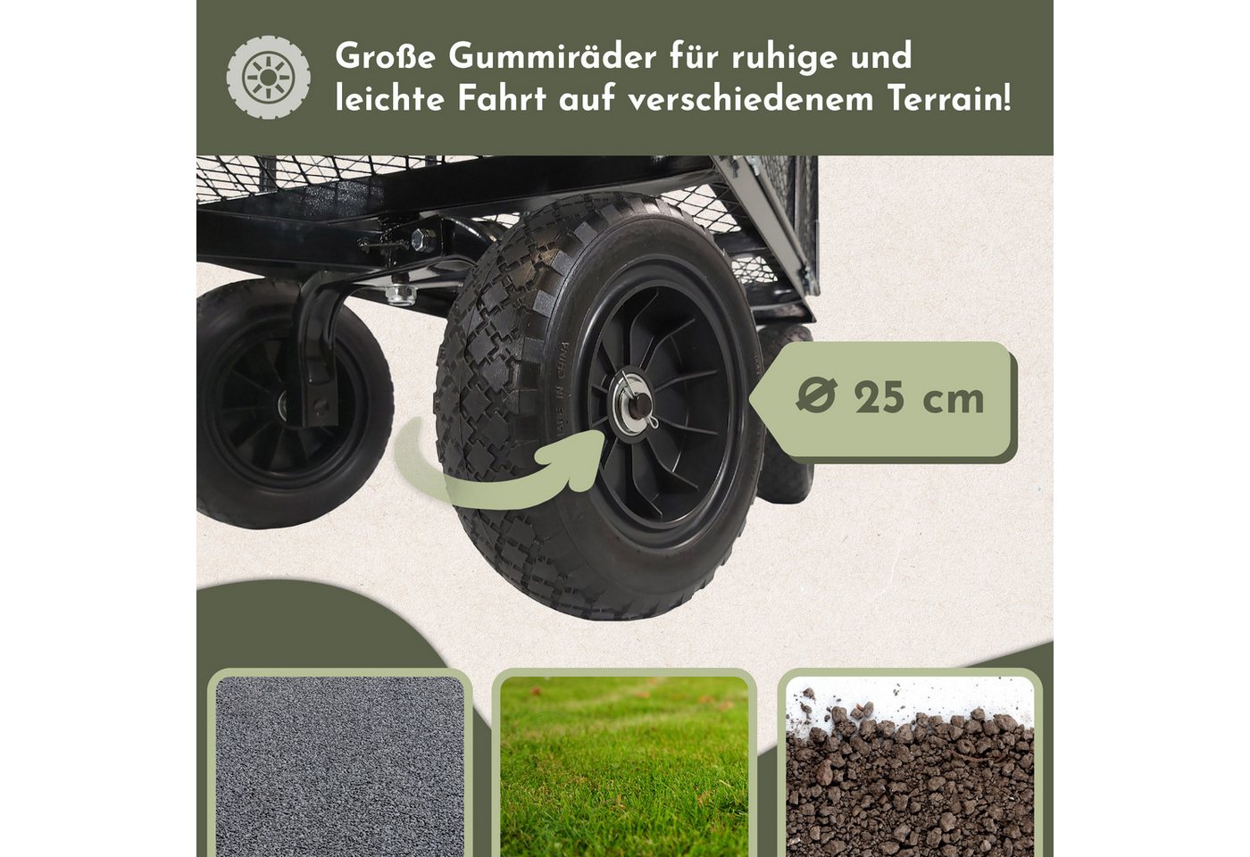 Lemodo Transportwagen Schwerlast Gartenwagen 400 kg aus Stahl mit Gummireifen, bis 400 kg Tragkraft, Gummiräder, klappbare Seitenteile Bild 2