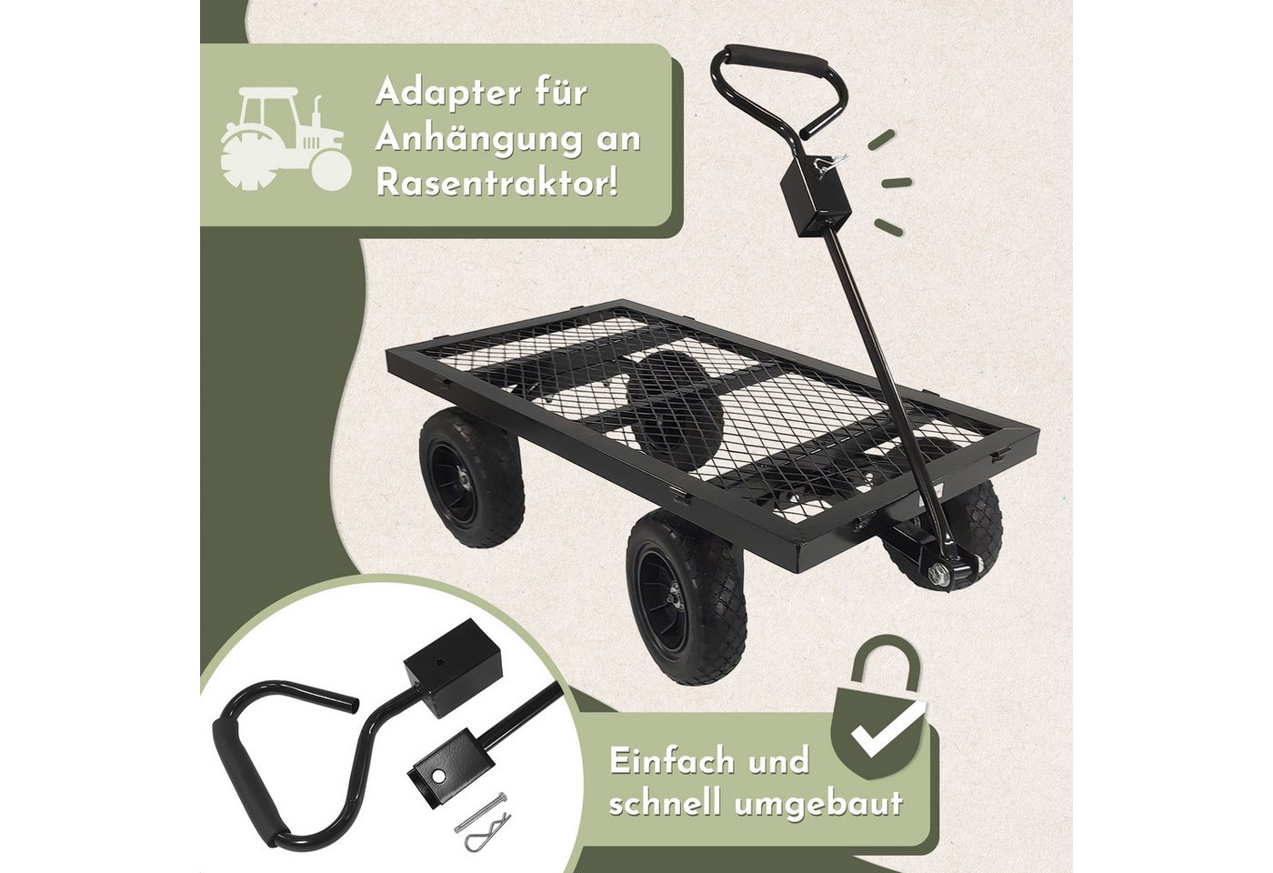 Lemodo Transportwagen Schwerlast Gartenwagen 400 kg aus Stahl mit Gummireifen, bis 400 kg Tragkraft, Gummiräder, klappbare Seitenteile Bild 3