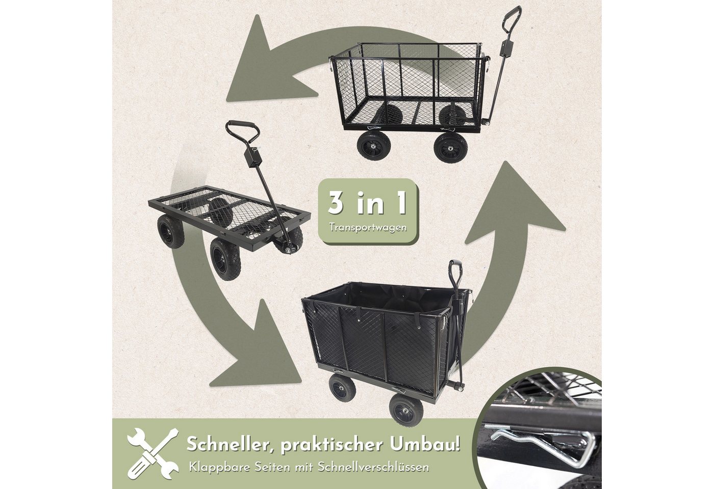 Lemodo Transportwagen Schwerlast Gartenwagen 400 kg aus Stahl mit Gummireifen, bis 400 kg Tragkraft, Gummiräder, klappbare Seitenteile Bild 4