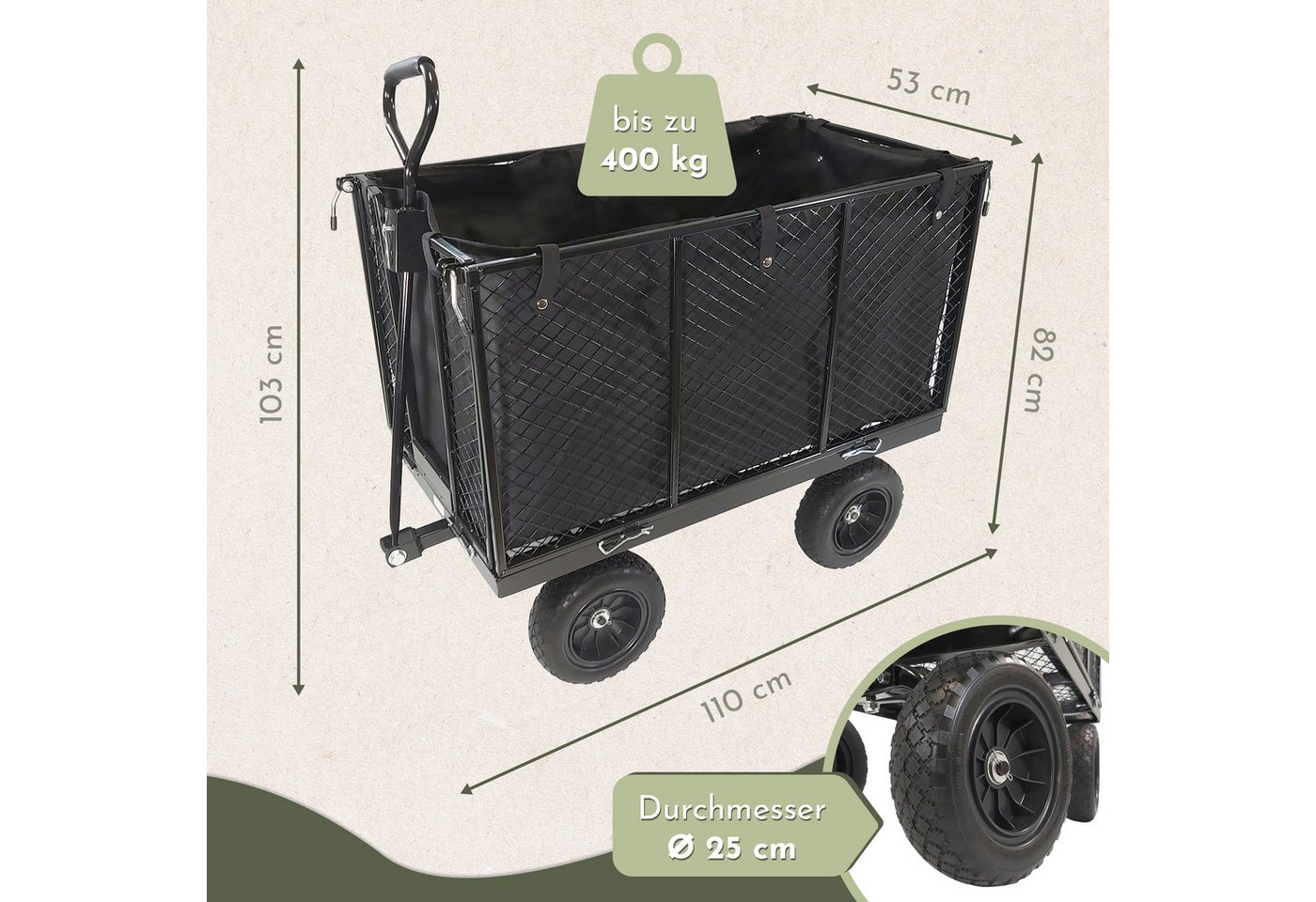 Lemodo Transportwagen Schwerlast Gartenwagen 400 kg aus Stahl mit Gummireifen, bis 400 kg Tragkraft, Gummiräder, klappbare Seitenteile Bild 5