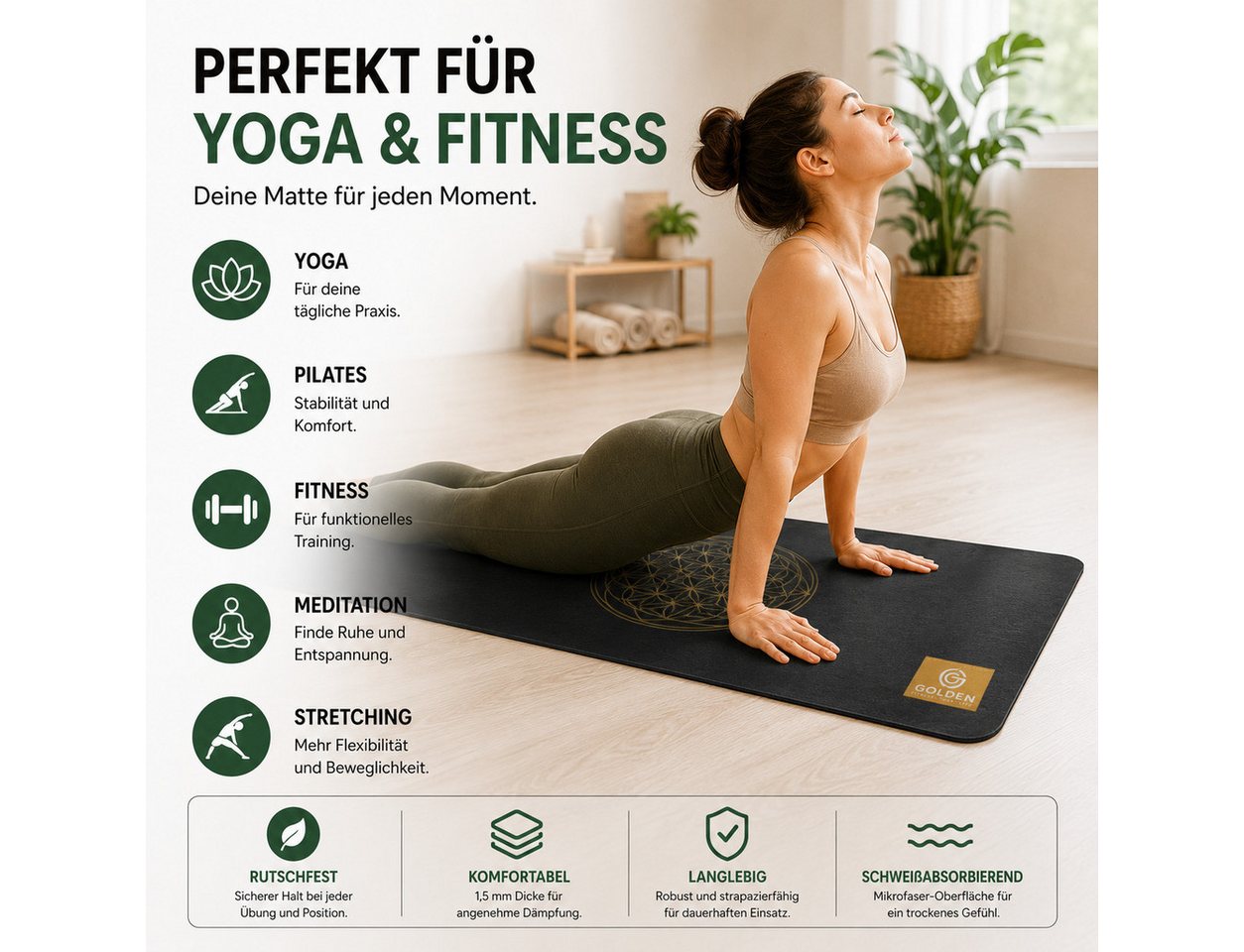 GOLDEN Yogamatte Faltbare rutschfeste dünne leichte ökologische Yogamatte mit Tasche
