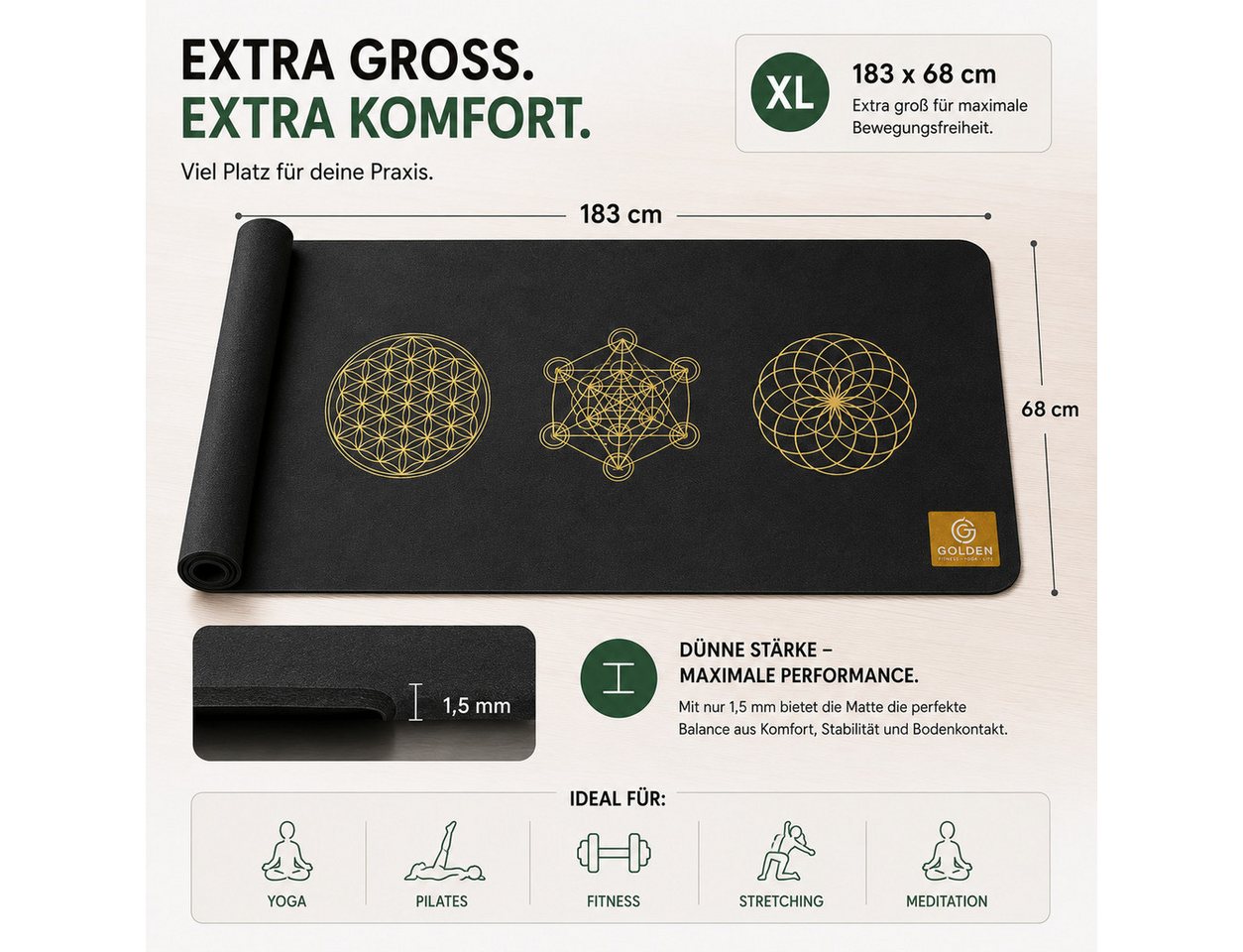 GOLDEN Yogamatte Faltbare rutschfeste dünne leichte ökologische Yogamatte mit Tasche Bild 2
