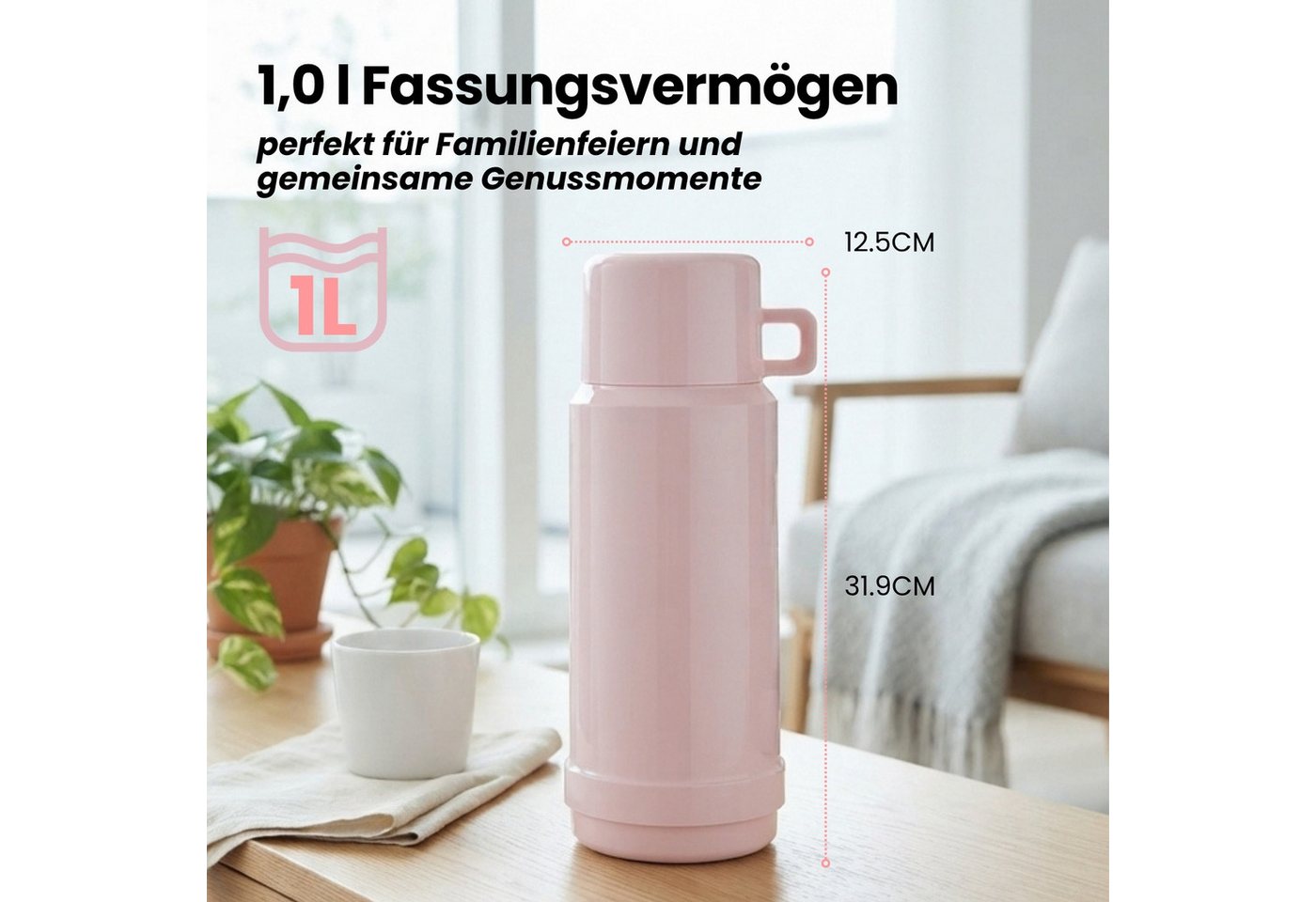 ROTPUNKT Thermoflasche 1L Isolierflasche JESPER-604, 24h heiß / 36h kalt – BPA-frei – mit Becher – Made in Germany