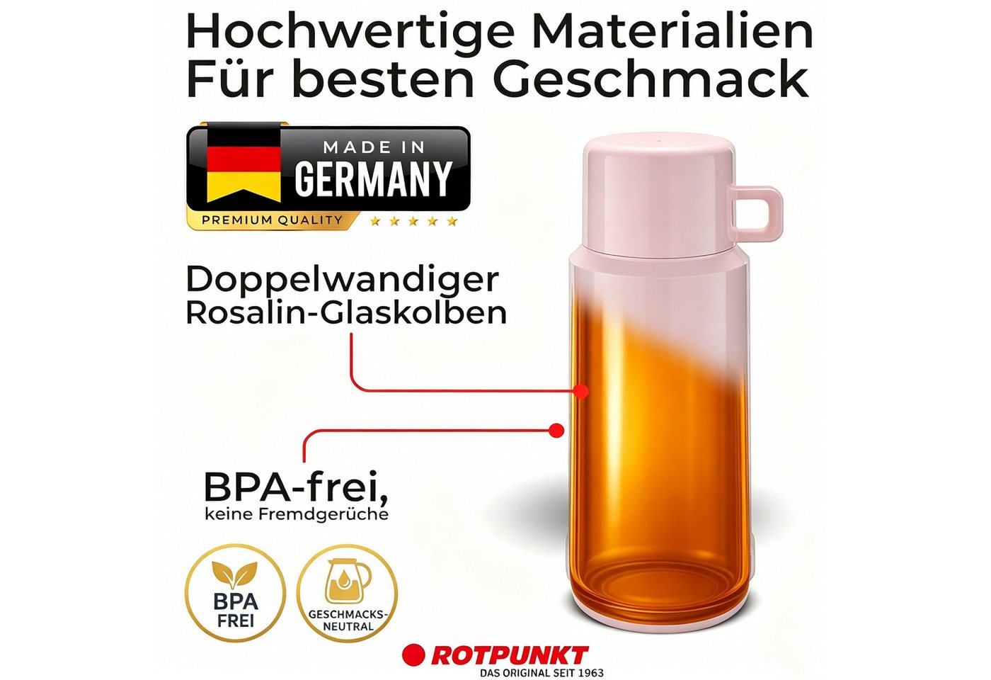 ROTPUNKT Thermoflasche 1L Isolierflasche JESPER-604, 24h heiß / 36h kalt – BPA-frei – mit Becher – Made in Germany Bild 5