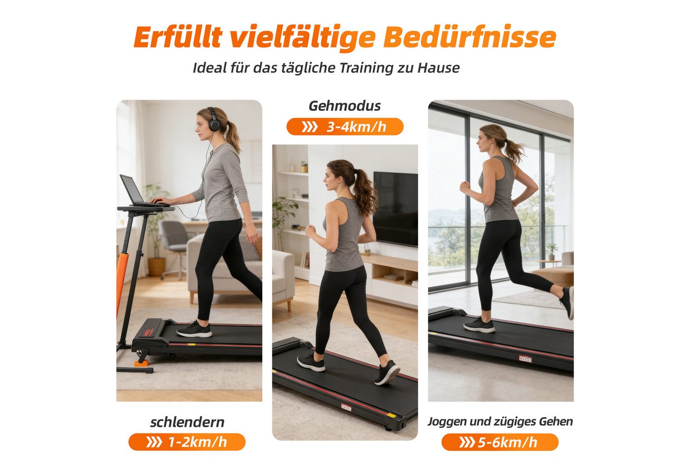 Vankel Laufband Walking Pad Laufband, 0,75 PS, 1-6 km/h, 8% Steigung, bis 110 kg (mit App, Bluetooth, WLAN, LED-Display & Fernbedienung), mit Steigung 6%, leise(Noise Bild 3