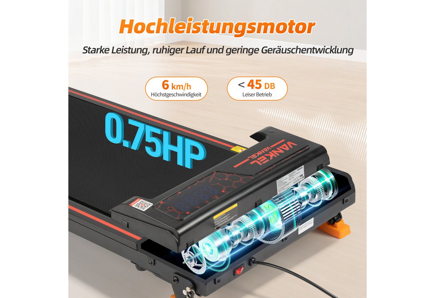 Vankel Laufband Walking Pad Laufband, 0,75 PS, 1-6 km/h, 8% Steigung, bis 110 kg (mit App, Bluetooth, WLAN, LED-Display & Fernbedienung), mit Steigung 6%, leise(Noise Bild 5