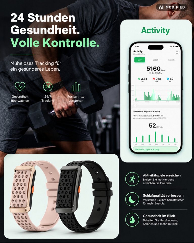 RUHE Fitness-Tracker Ohne Display Smart Band Metall Fitness Armband Herren Damen Metall (Fitness Armband, 1-tlg., Mit Extra Armband aus Nylon), Akku +1 Monat Laufzeit Pulsmesser 24/7 Schlafmonitor Schrittzähler Bild 2