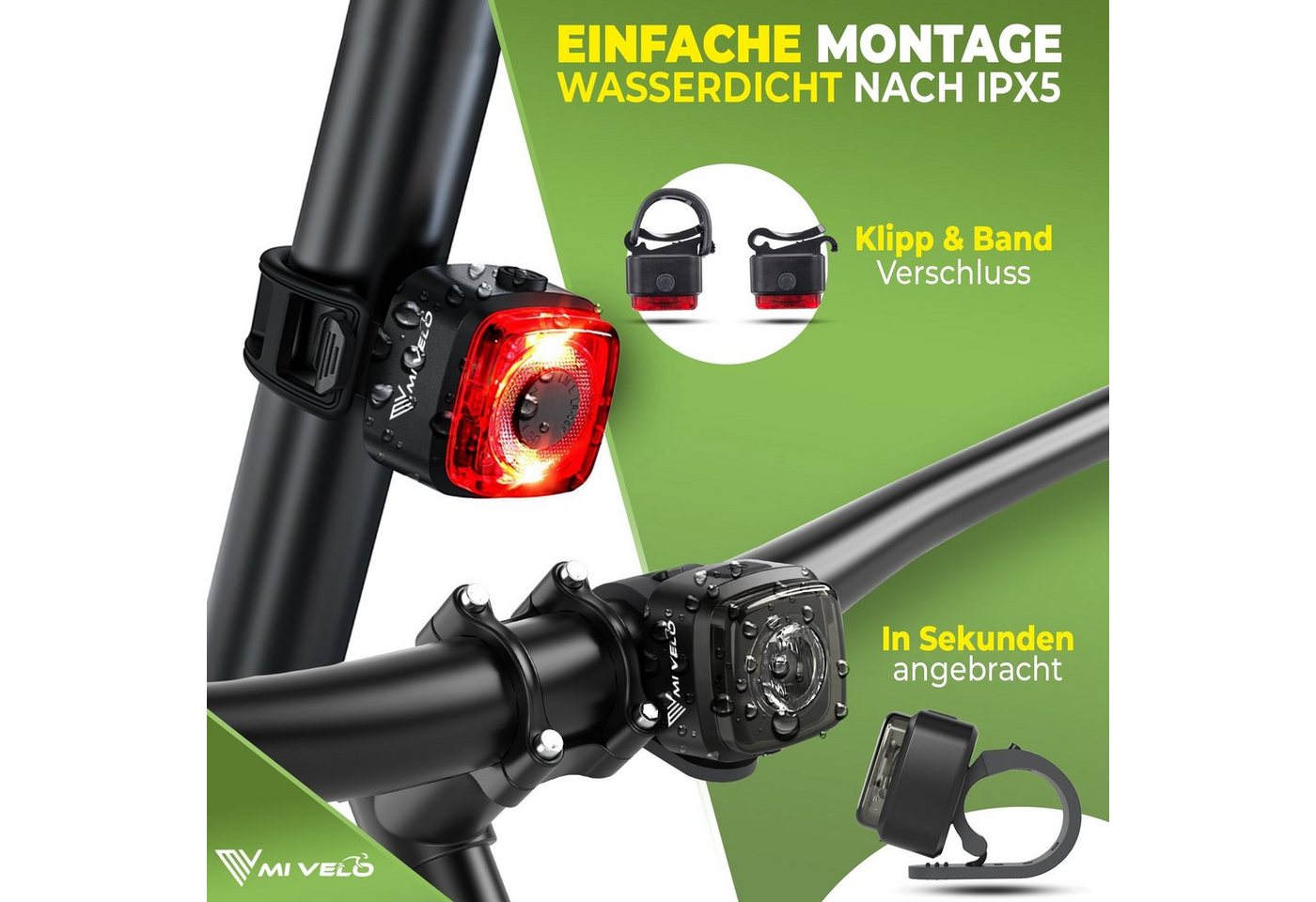 MIVELO Fahrradbeleuchtung CUBE Fahrradlicht Set LED - Akku USB aufladbar wasserdicht, OSRAM LED, StVZO-zugelassen Bild 2
