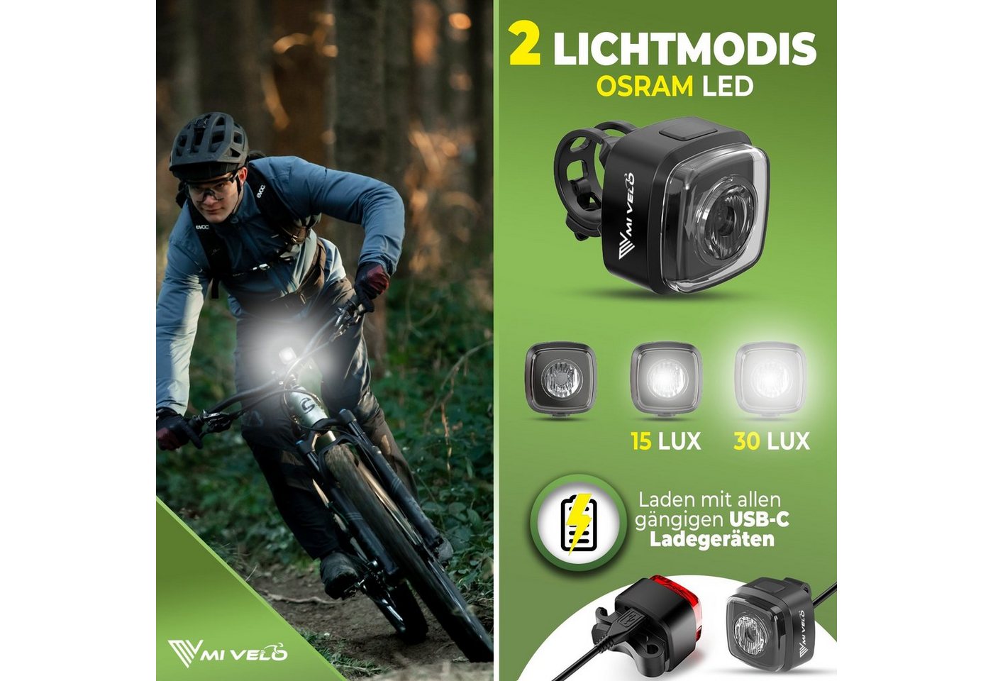 MIVELO Fahrradbeleuchtung CUBE Fahrradlicht Set LED - Akku USB aufladbar wasserdicht, OSRAM LED, StVZO-zugelassen Bild 3