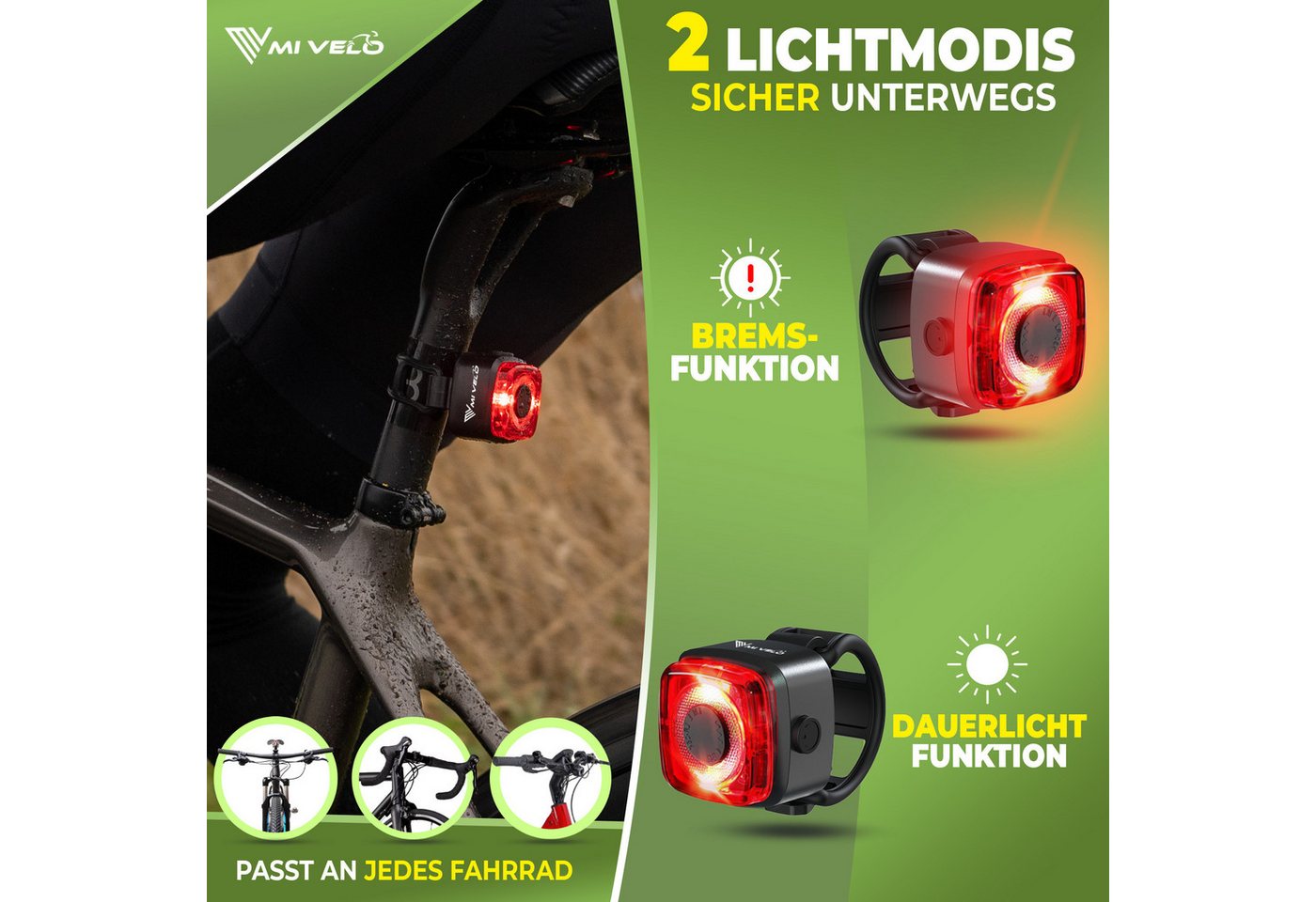 MIVELO Fahrradbeleuchtung CUBE Fahrradlicht Set LED - Akku USB aufladbar wasserdicht, OSRAM LED, StVZO-zugelassen Bild 4