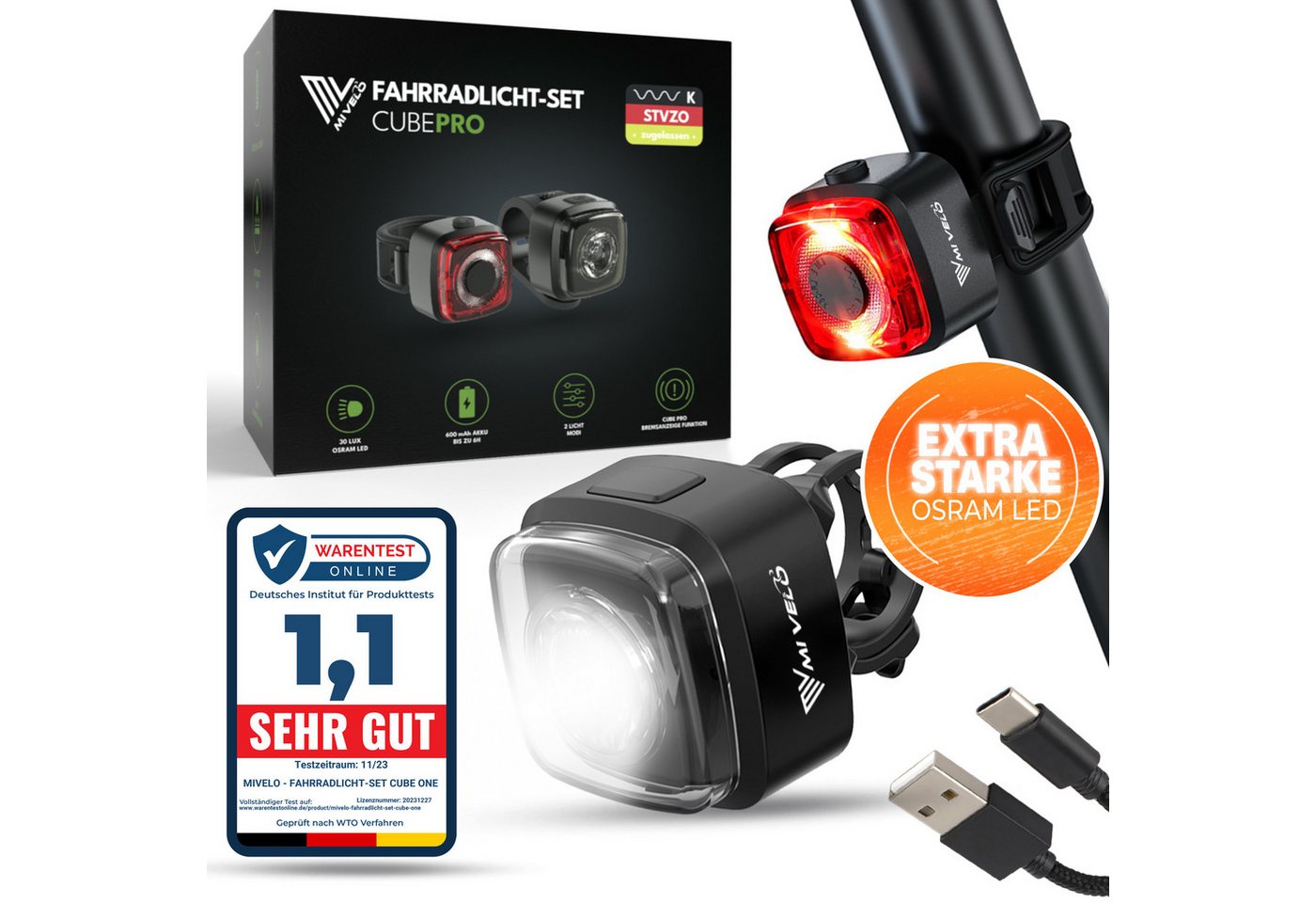 MIVELO Fahrradbeleuchtung CUBE Fahrradlicht Set LED - Akku USB aufladbar wasserdicht, OSRAM LED, StVZO-zugelassen Bild 5