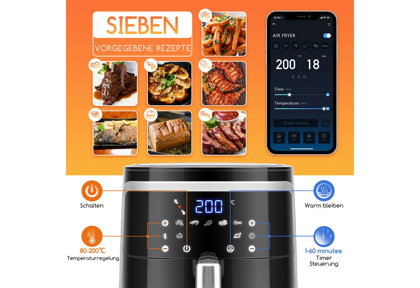 Aigostar Heißluftfritteuse Intelligente WLAN- Heißluftfritteuse 7 L, 1900,00 W, 7 Programme, 20 Rezepte pdf, DIY-Menü