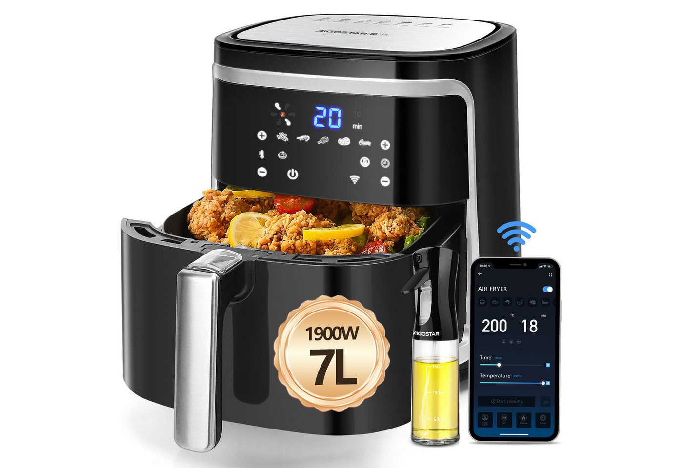 Aigostar Heißluftfritteuse Intelligente WLAN- Heißluftfritteuse 7 L, 1900,00 W, 7 Programme, 20 Rezepte pdf, DIY-Menü Bild 2