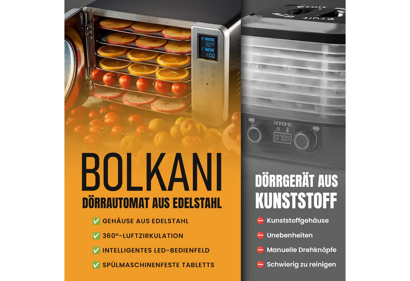 Bolkani Dörrautomat DSC-06B 500 W, 6 Etagen, Dörrgerät mit 6 Tabletts, 20-90°C, Timer 24 Std.
