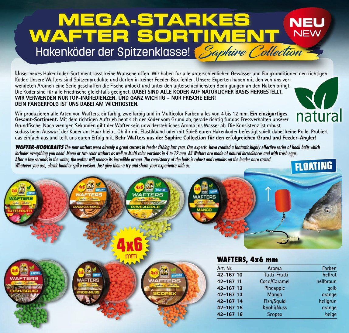 Behr Kunstköder Wafters Spar Set 4x6mm Hakenköder schwimmend 20g - 6 Aromen Karpfen, (6-St. 6 Dosen), Tolle Farben