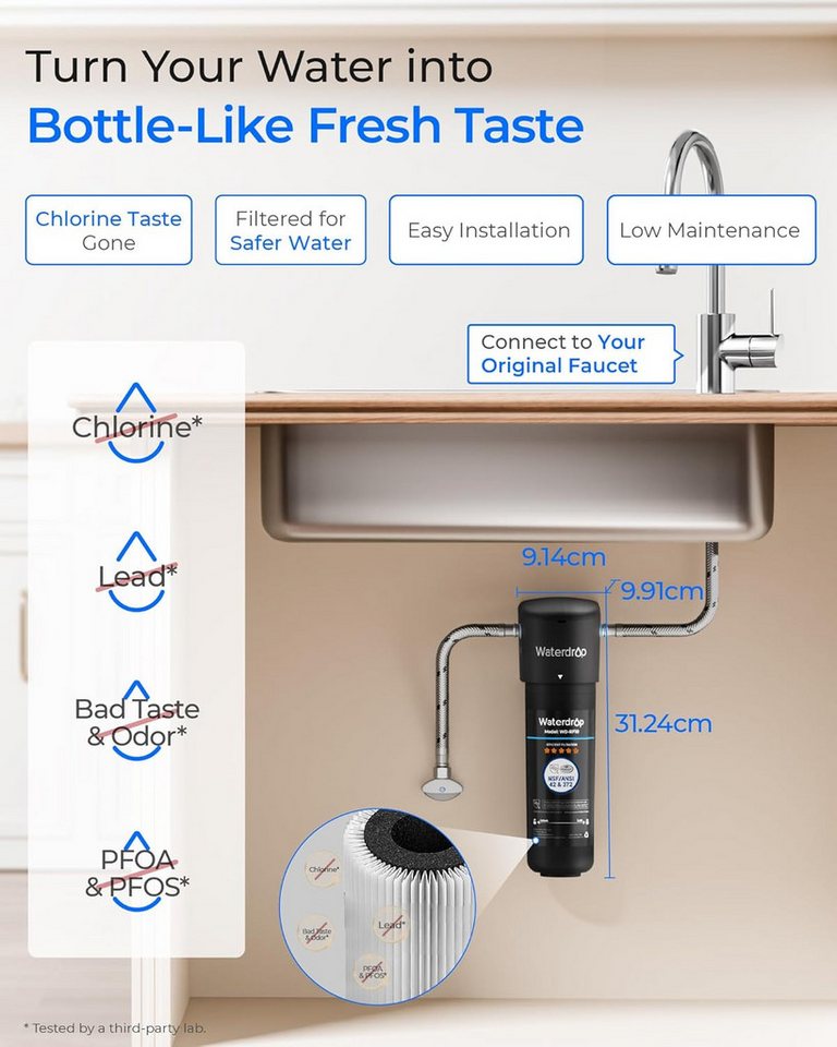 Waterdrop Wasserfilter 10UA Untertisch-Wasserfiltersystem, 11.000 Gallonen Kapazität, Zubehör für Waterdrop 10UA Ersatzfilter Kaltwasseranschlüsse Standard-Küchenarmaturen mit Untertischanschluss, NSF/ANSI 42 zertifiziert, reduziert Chlor und Blei Bild 4