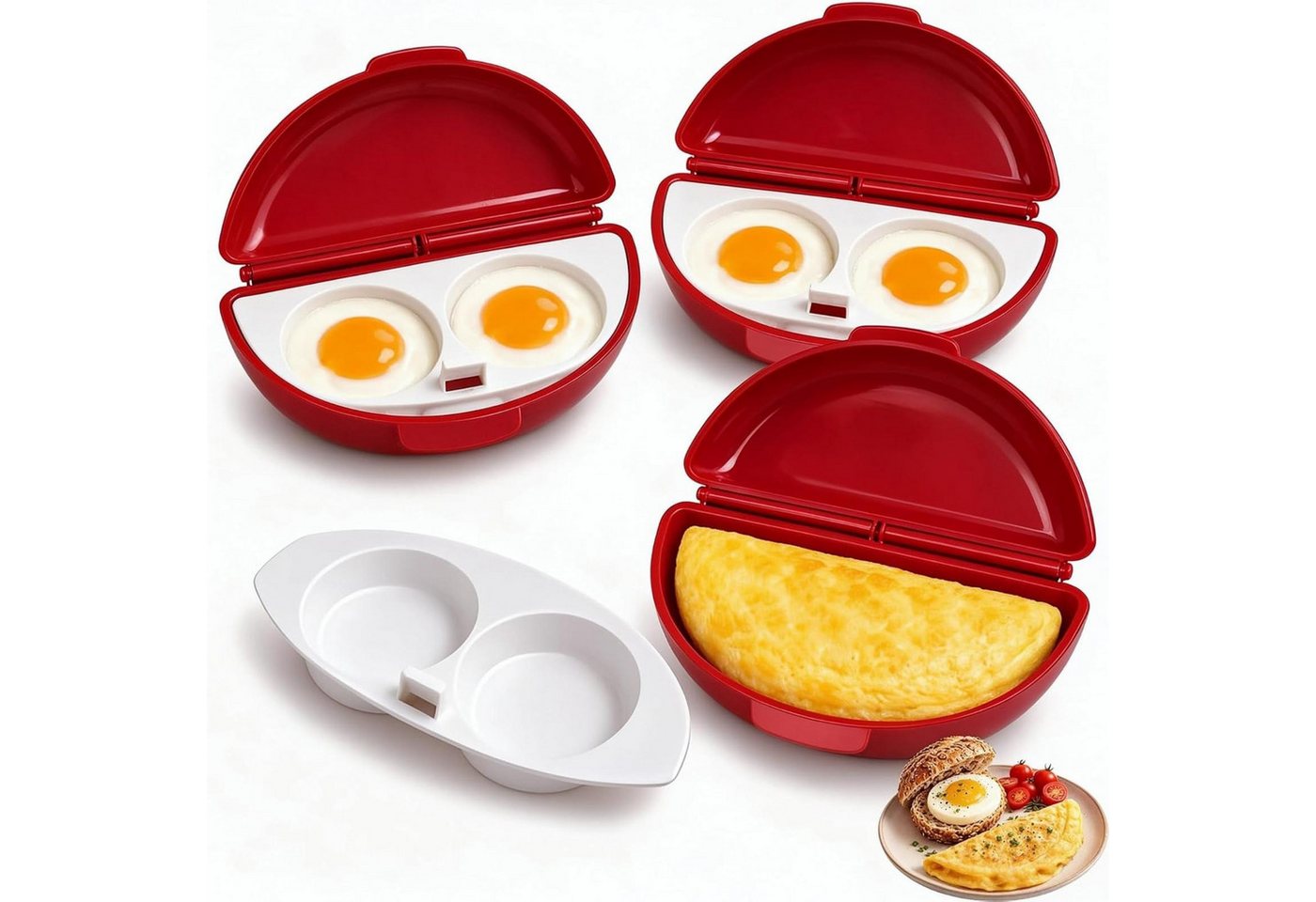 FELIXLEO Omelette-Maker Omelett Maker 2 in 1 Mikrowellen Eierkocher mit Deckel 3 Stück Rot Bild 2