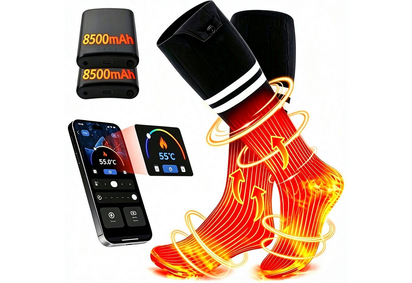 ALLJOY Funktionssocken Heizsocken Elektrisch,Wärmesocken mit intelligenter Temperaturregelung (8500mAh Akku mit langer Laufzeit, Heizsocken mit Fernbedienung) Bluetooth‑App‑Steuerung,Schnellheizmodus,Waschbar nach Akku‑Entnahme