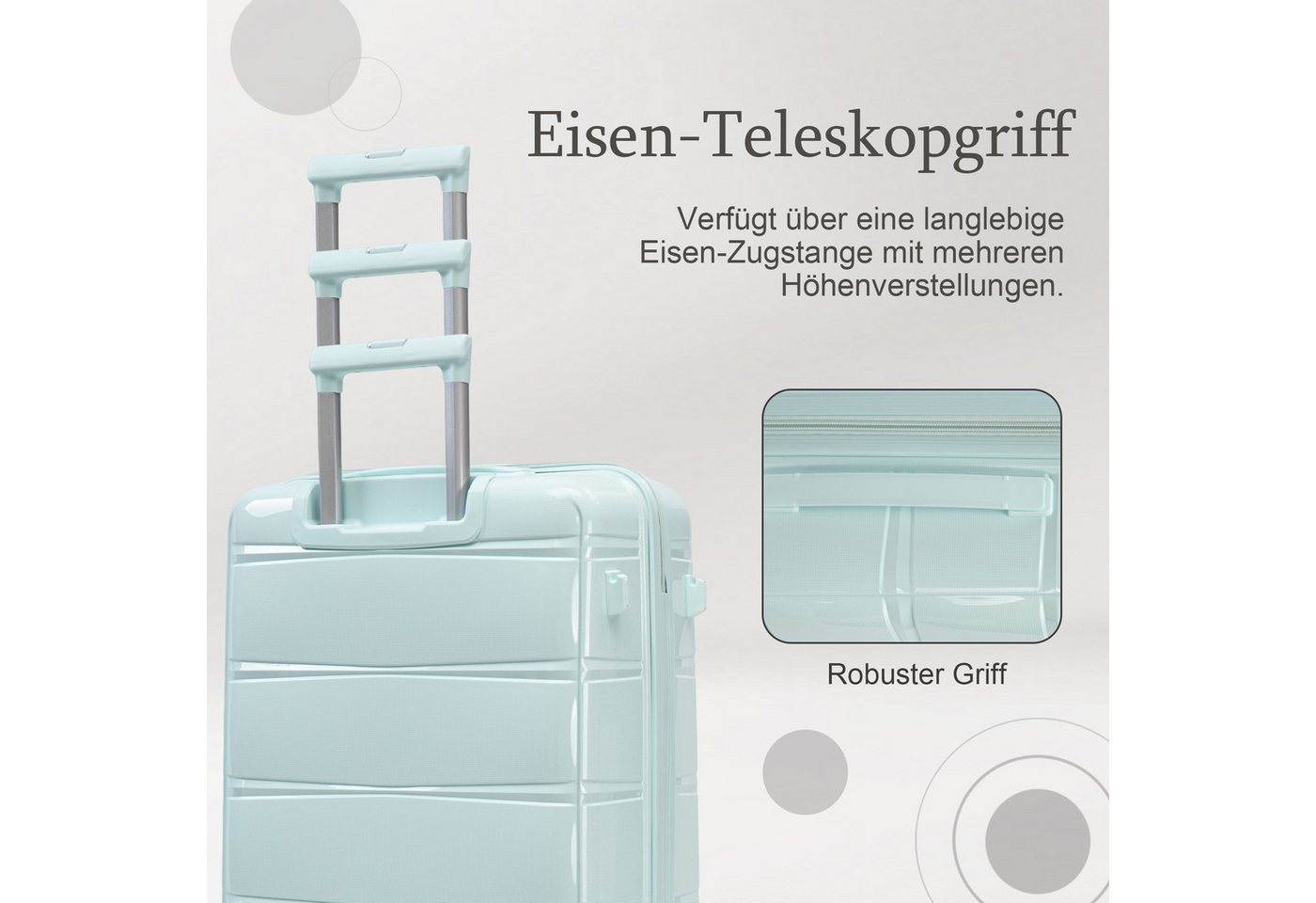 i@home Kofferset 24 Zoll PP-Koffer mit Haken & Seitengriff, 360° Laufrollen, Mintgrün, 4 Rollen, (1 tlg., 1 Aufgabegepäck), Eisen-Teleskopgriff, Reisekoffer für mittlere Reisen zum Einchecken