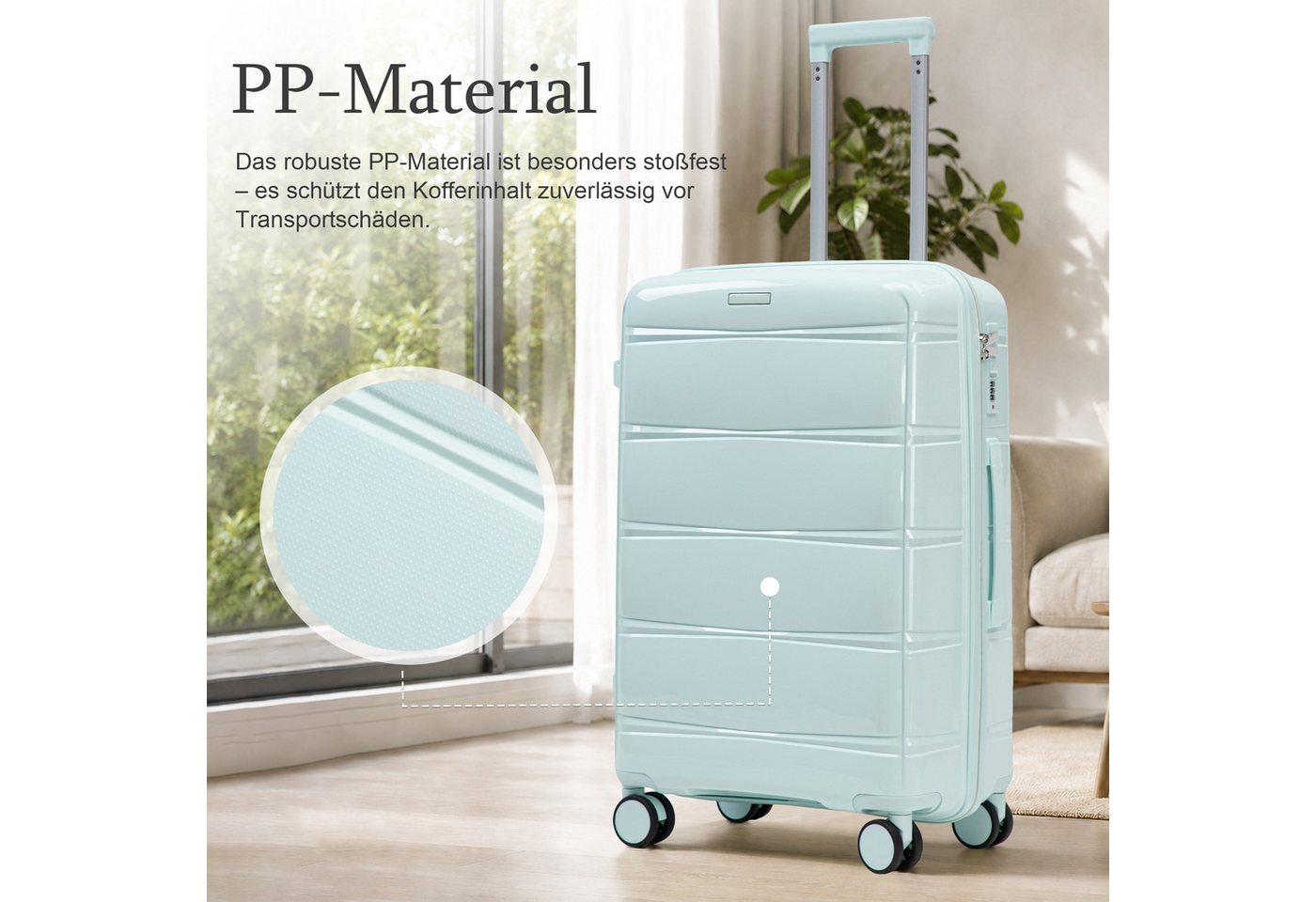 i@home Kofferset 24 Zoll PP-Koffer mit Haken & Seitengriff, 360° Laufrollen, Mintgrün, 4 Rollen, (1 tlg., 1 Aufgabegepäck), Eisen-Teleskopgriff, Reisekoffer für mittlere Reisen zum Einchecken Bild 2