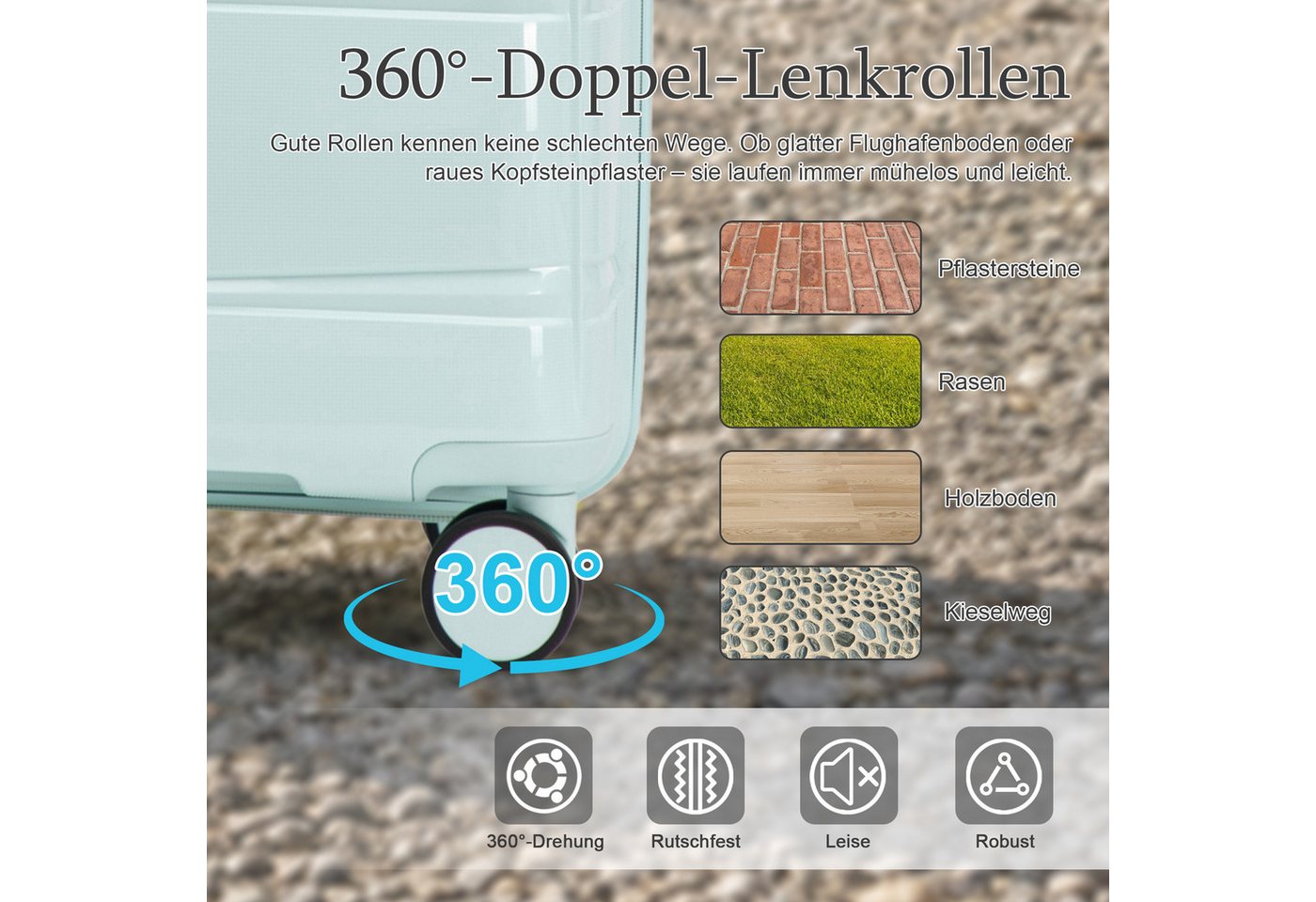 i@home Kofferset 24 Zoll PP-Koffer mit Haken & Seitengriff, 360° Laufrollen, Mintgrün, 4 Rollen, (1 tlg., 1 Aufgabegepäck), Eisen-Teleskopgriff, Reisekoffer für mittlere Reisen zum Einchecken Bild 5