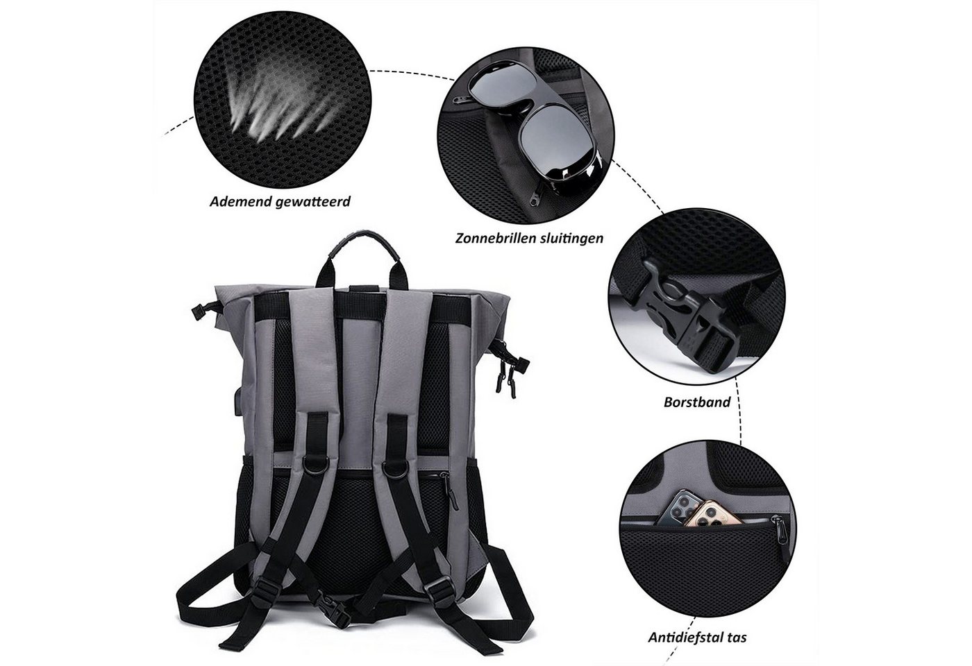 TANTOMI Freizeitrucksack Arbeitsrucksack Groß Damen lässiger Rolltop Rucksack Herren Backpack, mit Laptopfach bis 15,6 zoll und externen USB-Anschluss